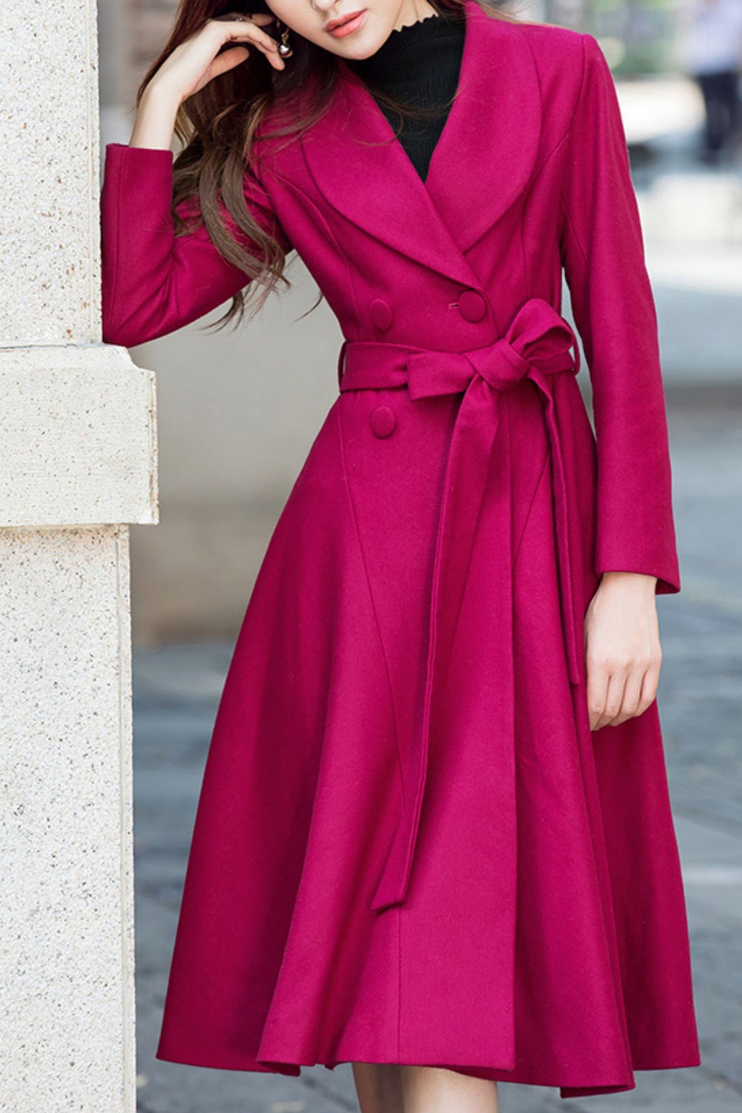 Winter rose red double-breasted wool coat C4205