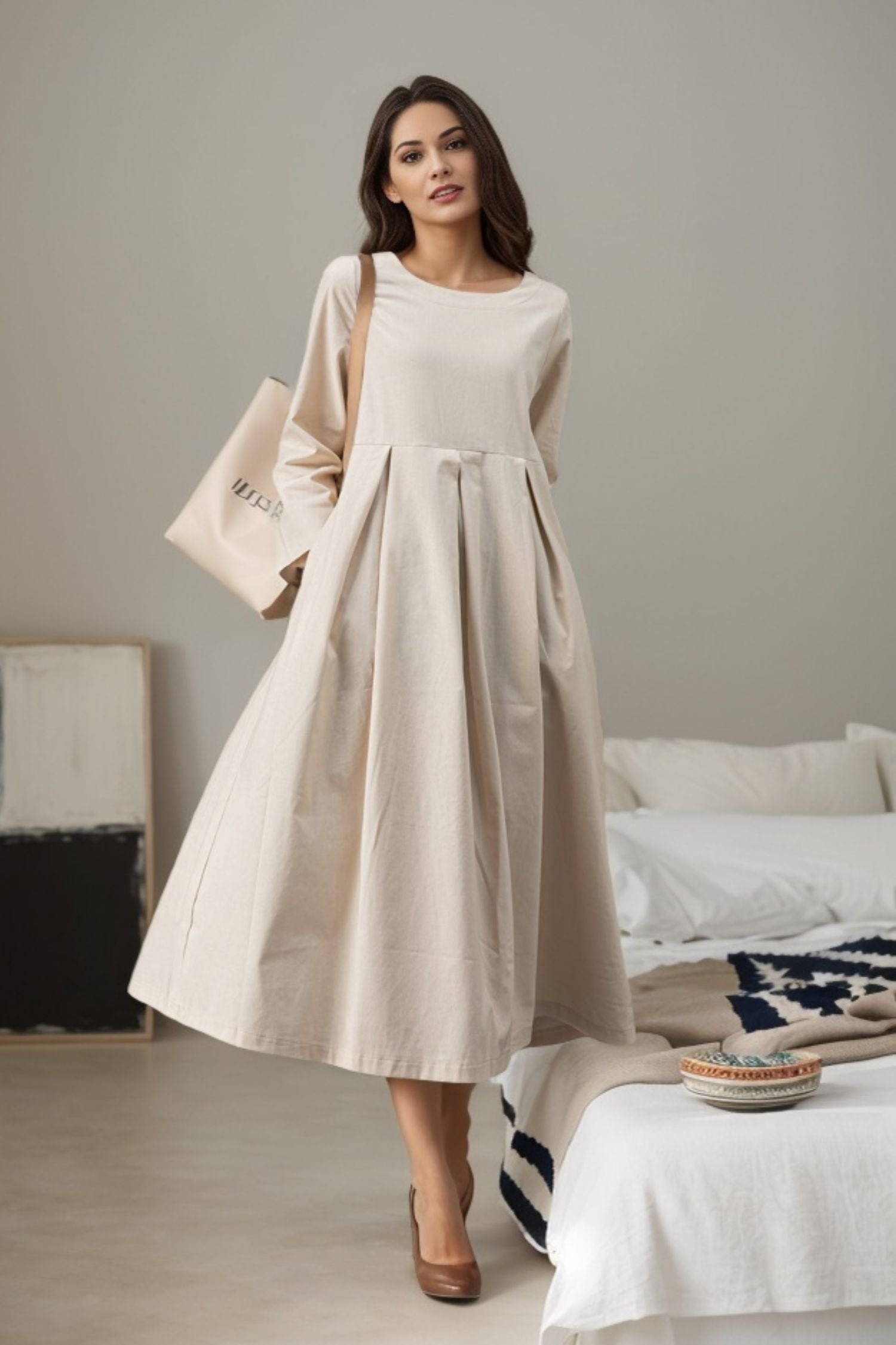 beige midi dress casual Nerohusy Flowy Dresses for Women V Neck 3/4 Ruffle Sleeves Button Front Shift Midi Dress Casual Vacation Dresses,Beige,XL, Women's