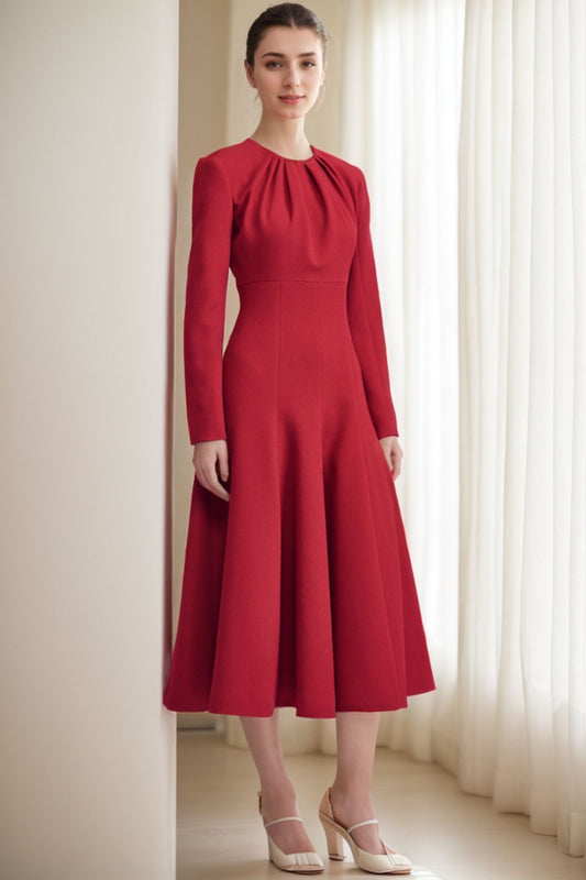 Red Polyester Midi Dress - Round Neck, Fitted Waist C4296