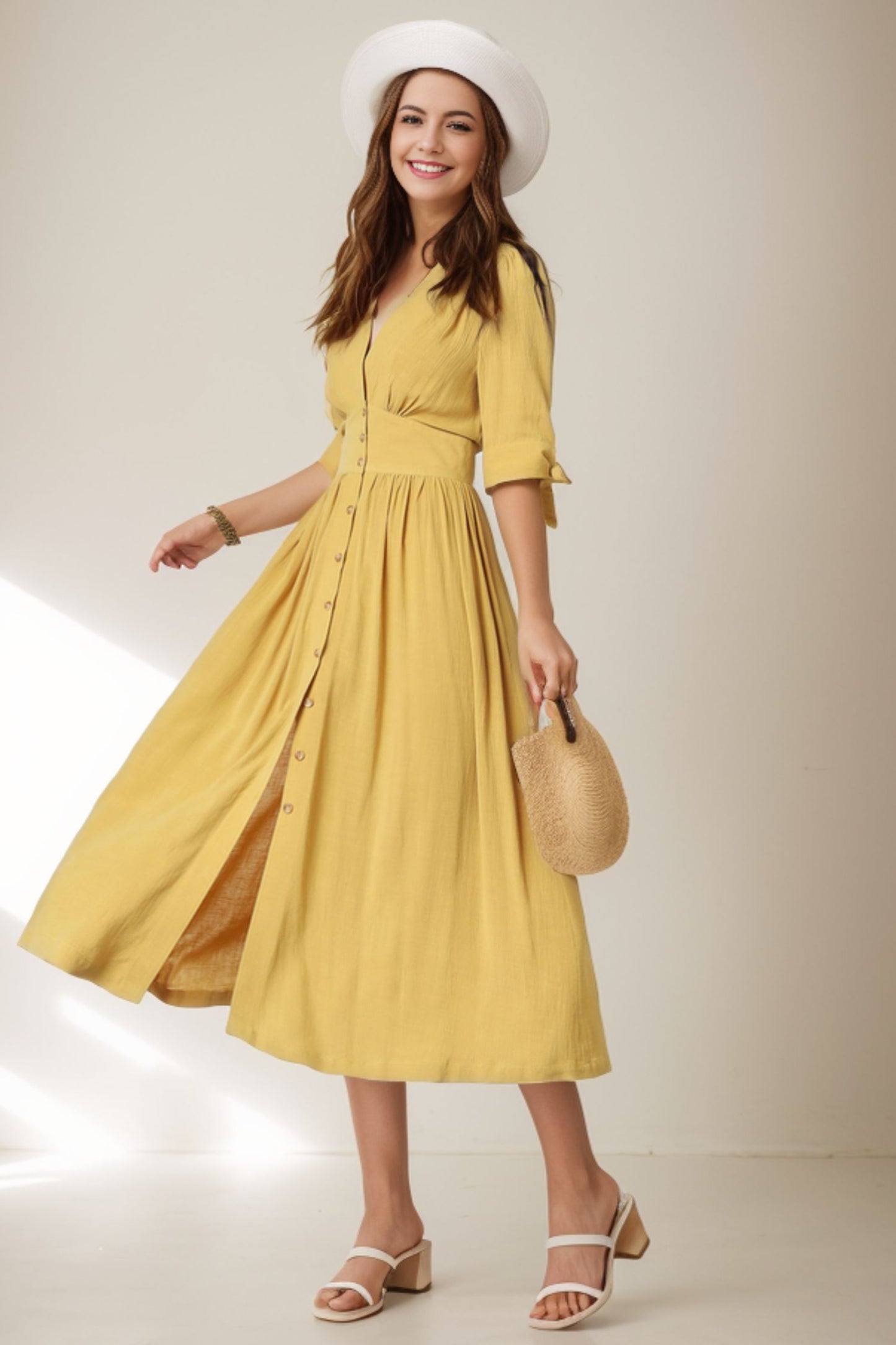 Deep V neck Linen party Dress C4068