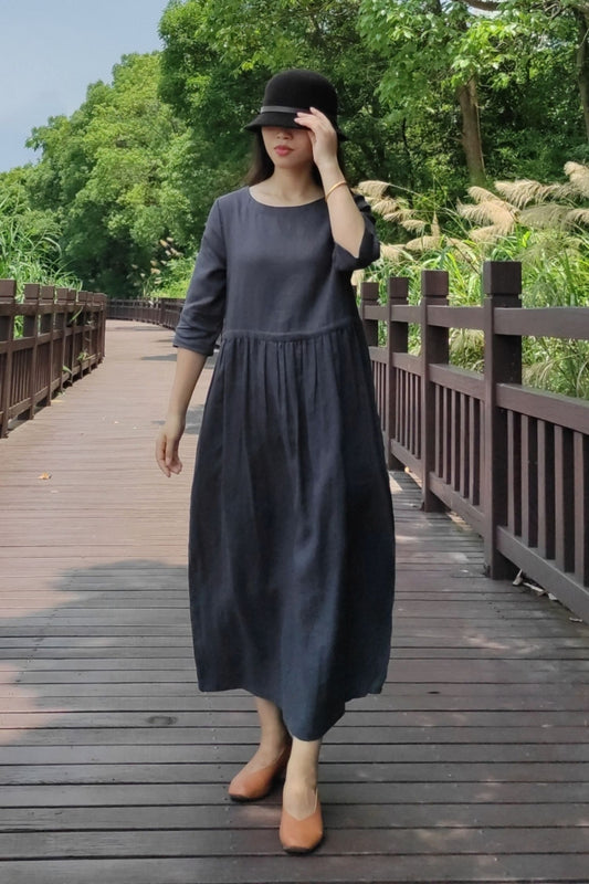 Grey Linen Dress - Loose Fit A-Line with Drawstring Waist C3891