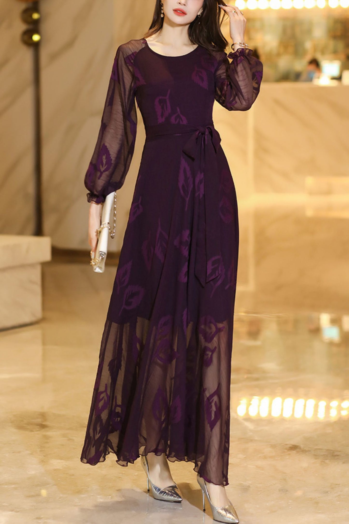 Summer Purple Long Sleeve Chiffon Dress C4110