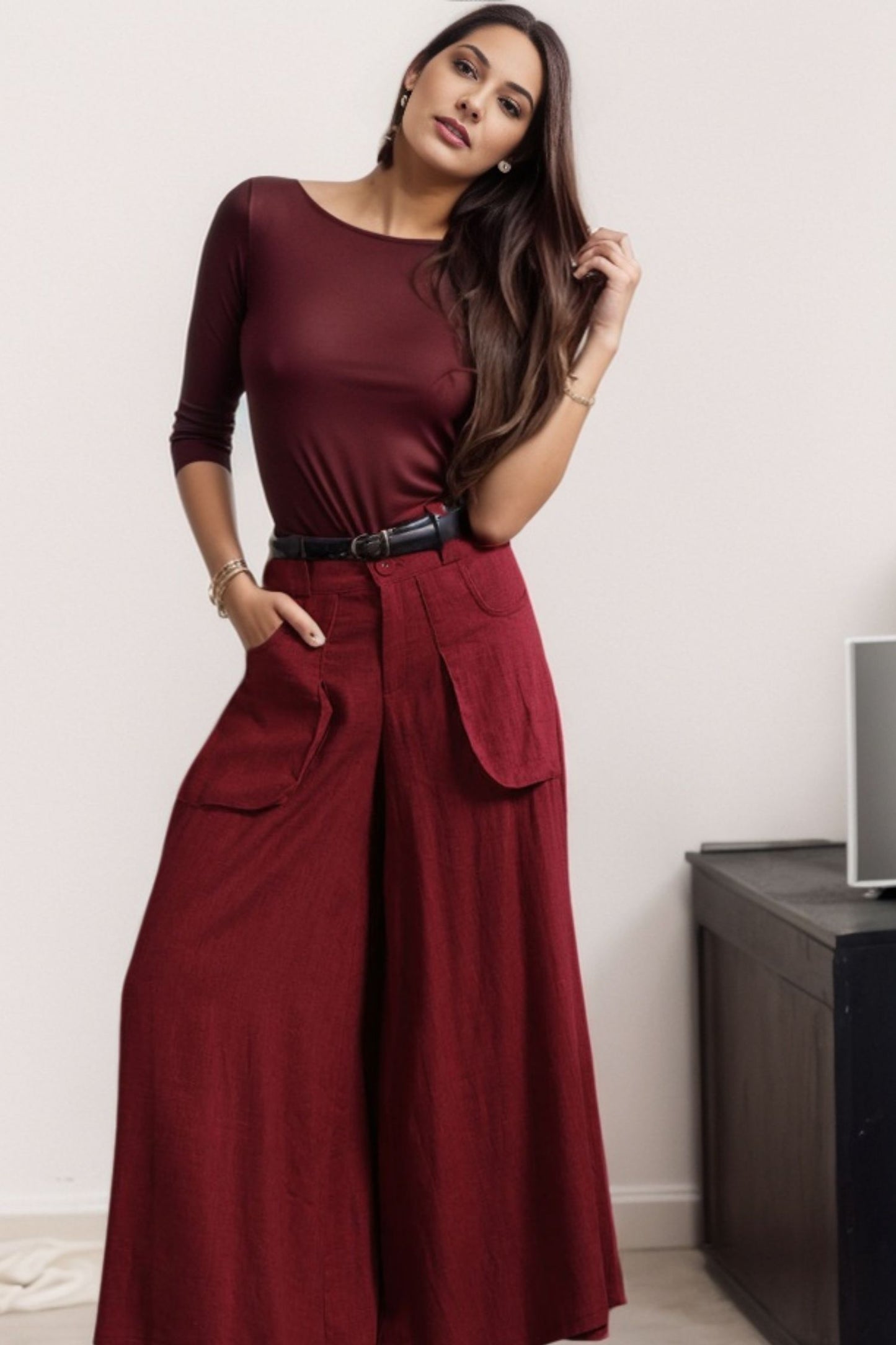 Fall winter Burgundy Wide Leg Long Linen Pants c4548