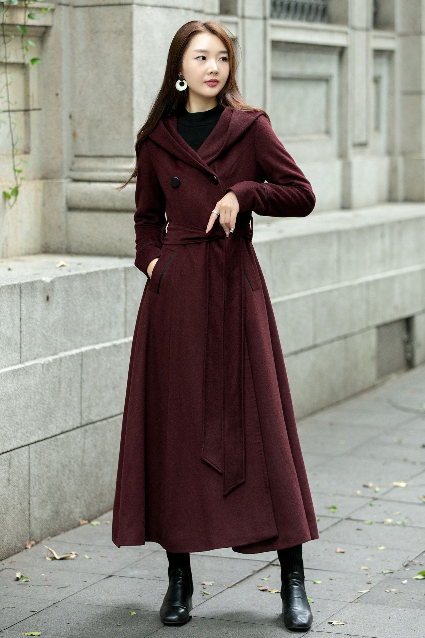 Hooded maxi winter trench wool coat C4506