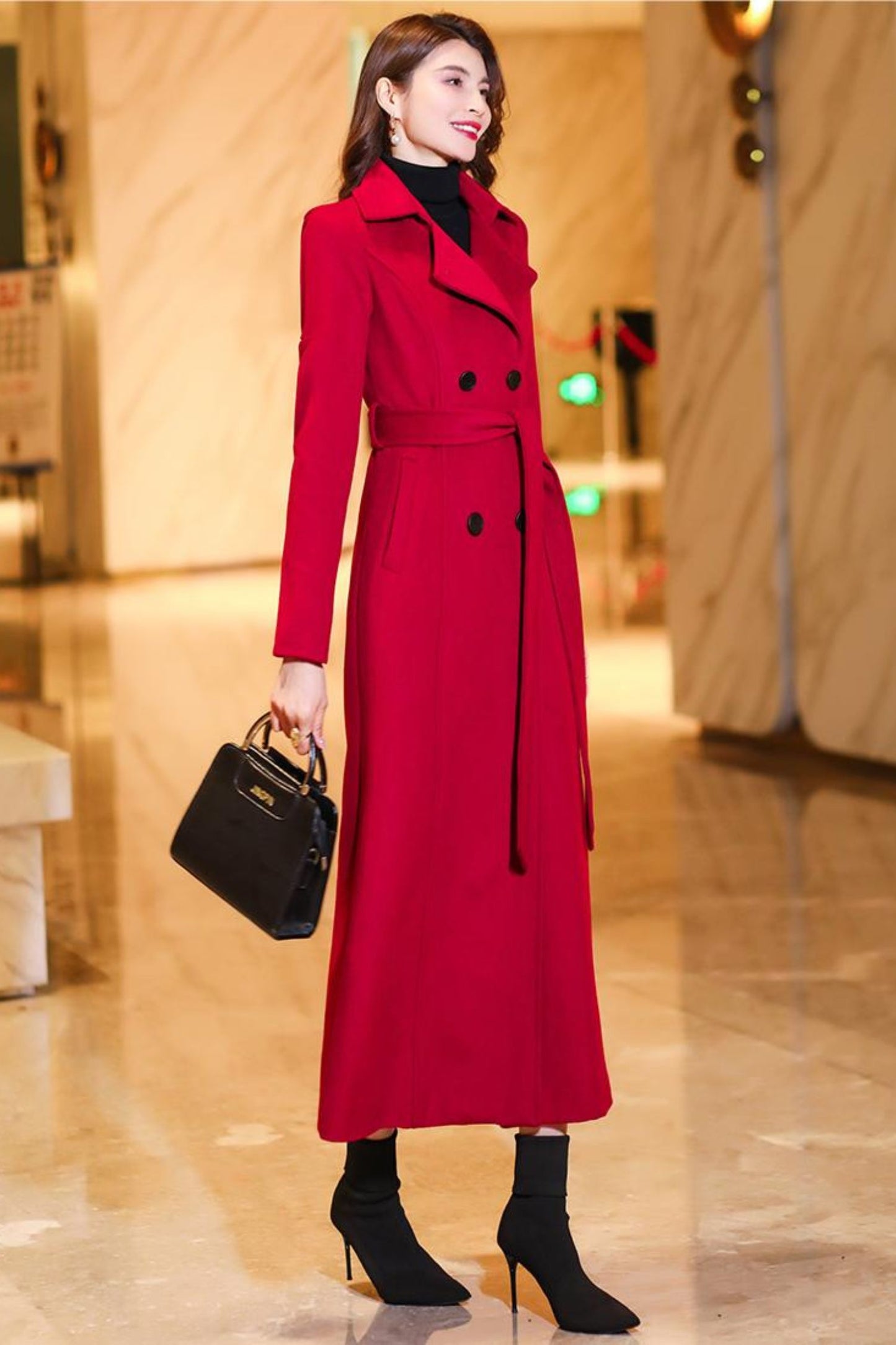 Women's Medium-length Red wool coat C3774
