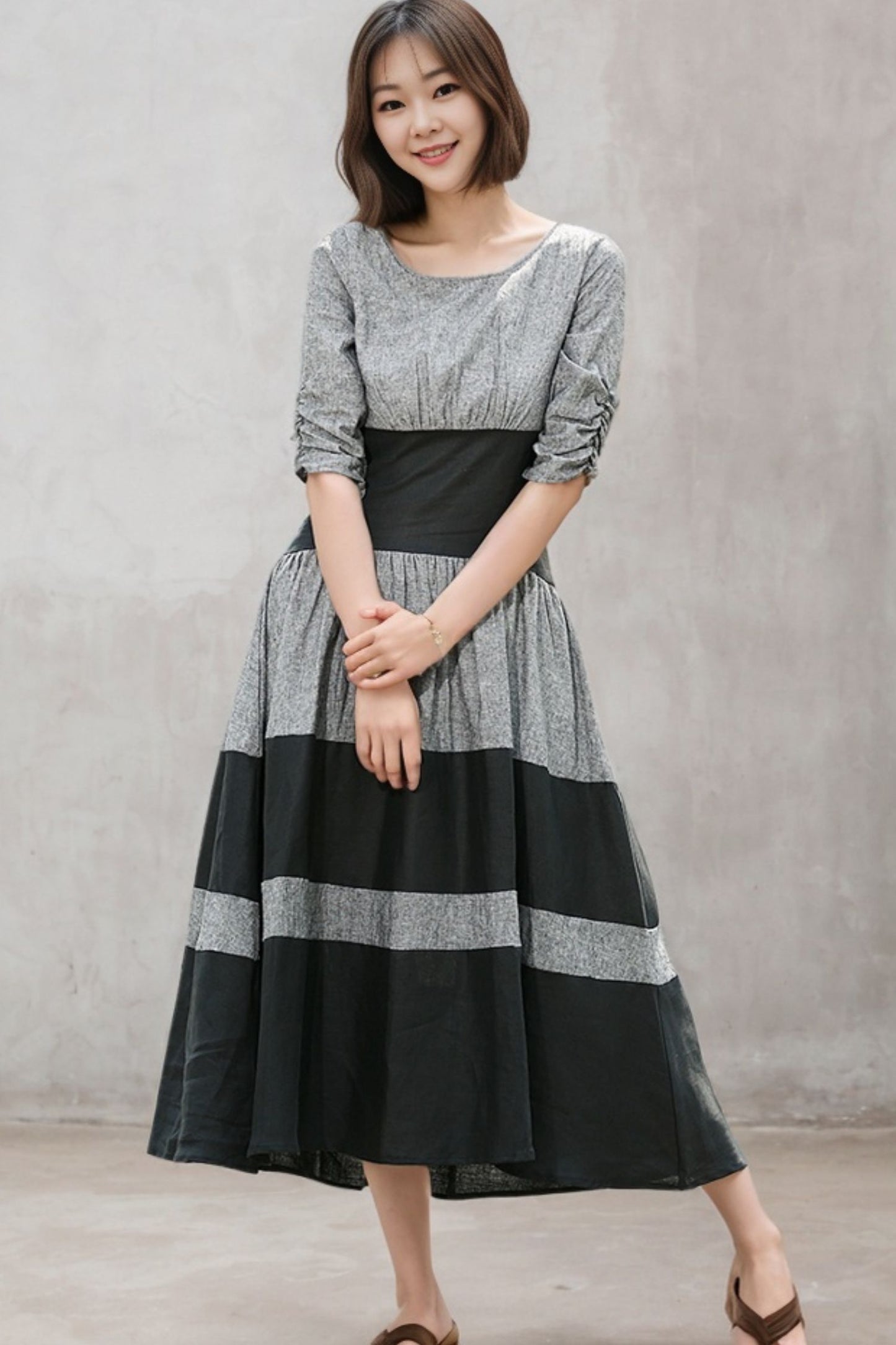 Black grey stripey Loose Fit Linen Dress c4683