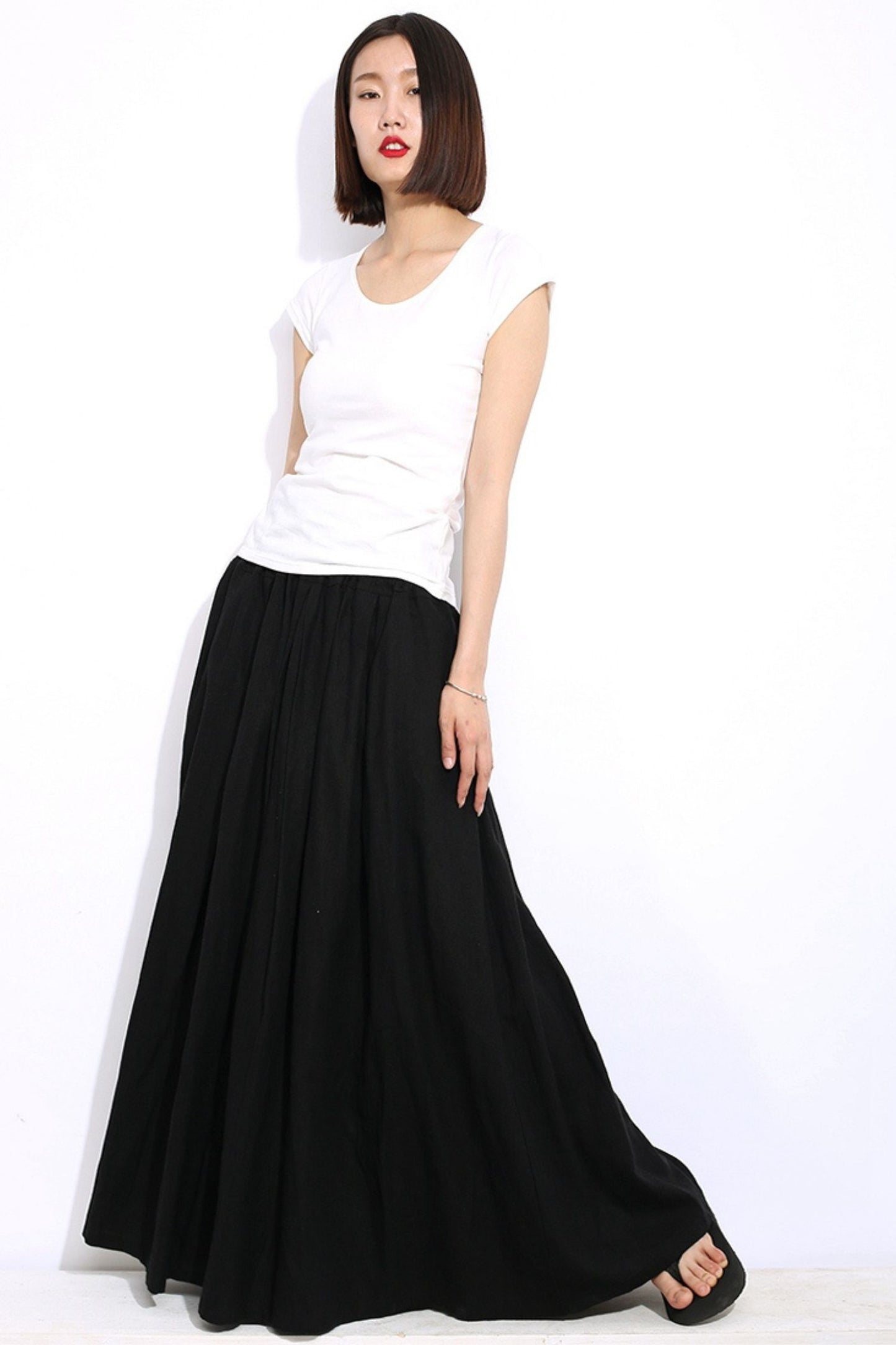 Black linen maxi long skirt C331