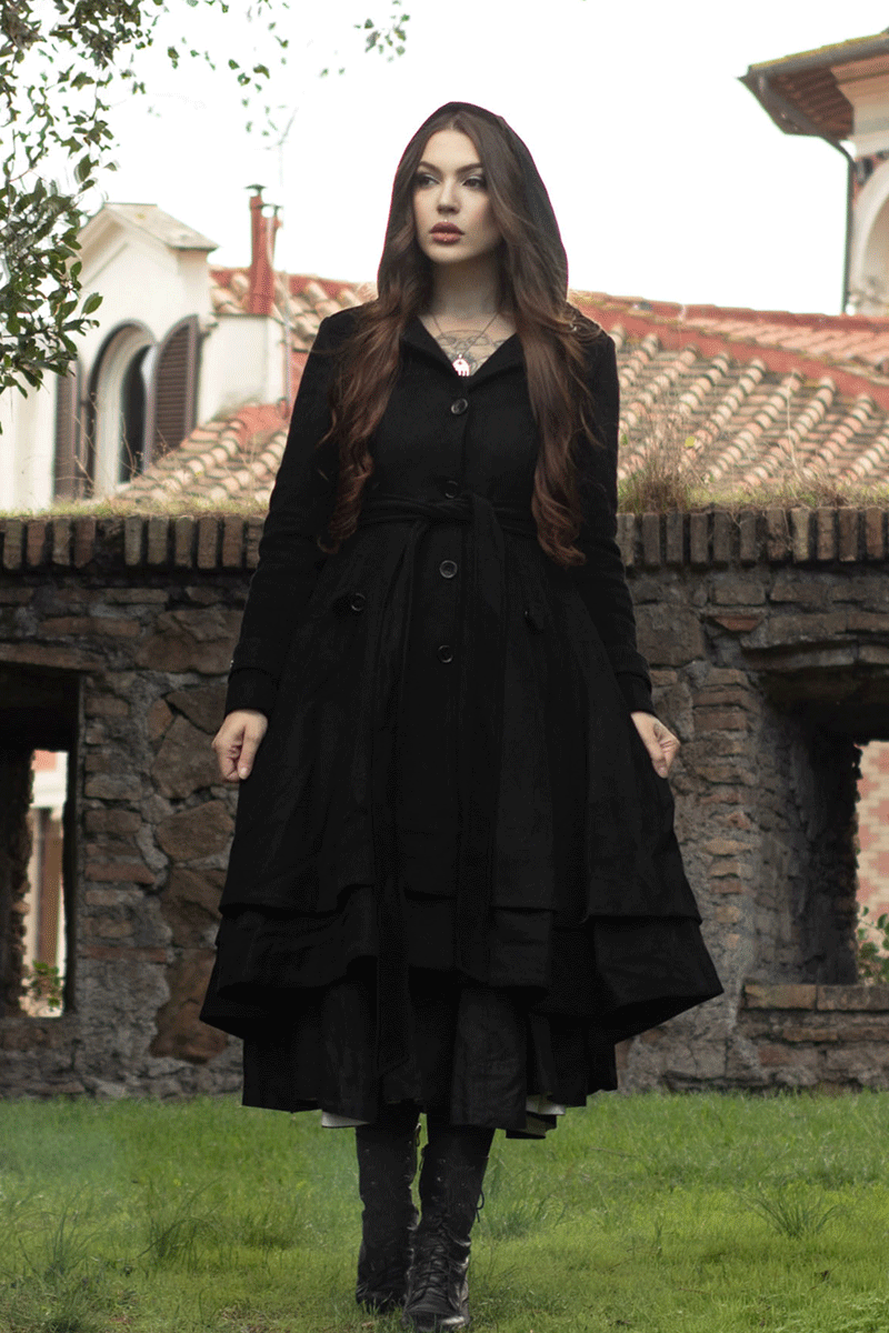 Hooded Wool Coat Women, Black Wool Coat C3778