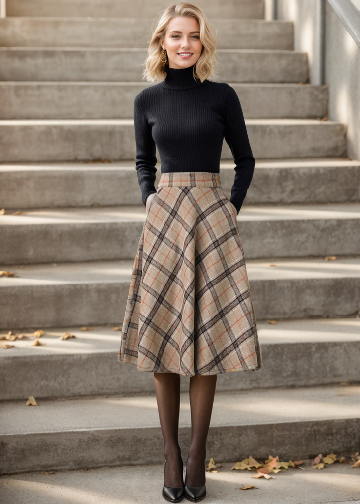 1950s Inspired Midi Wool Plaid Skirt C4356