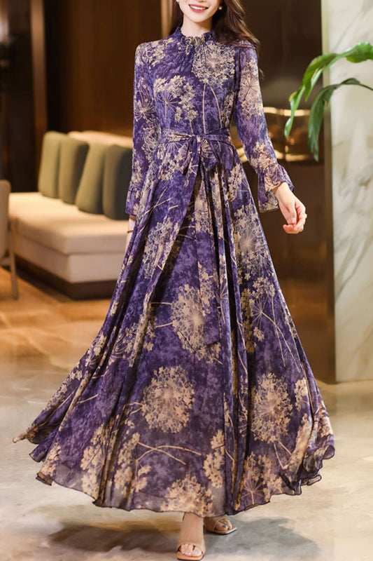 Long-sleeved chiffon printing large swing long dress C3972