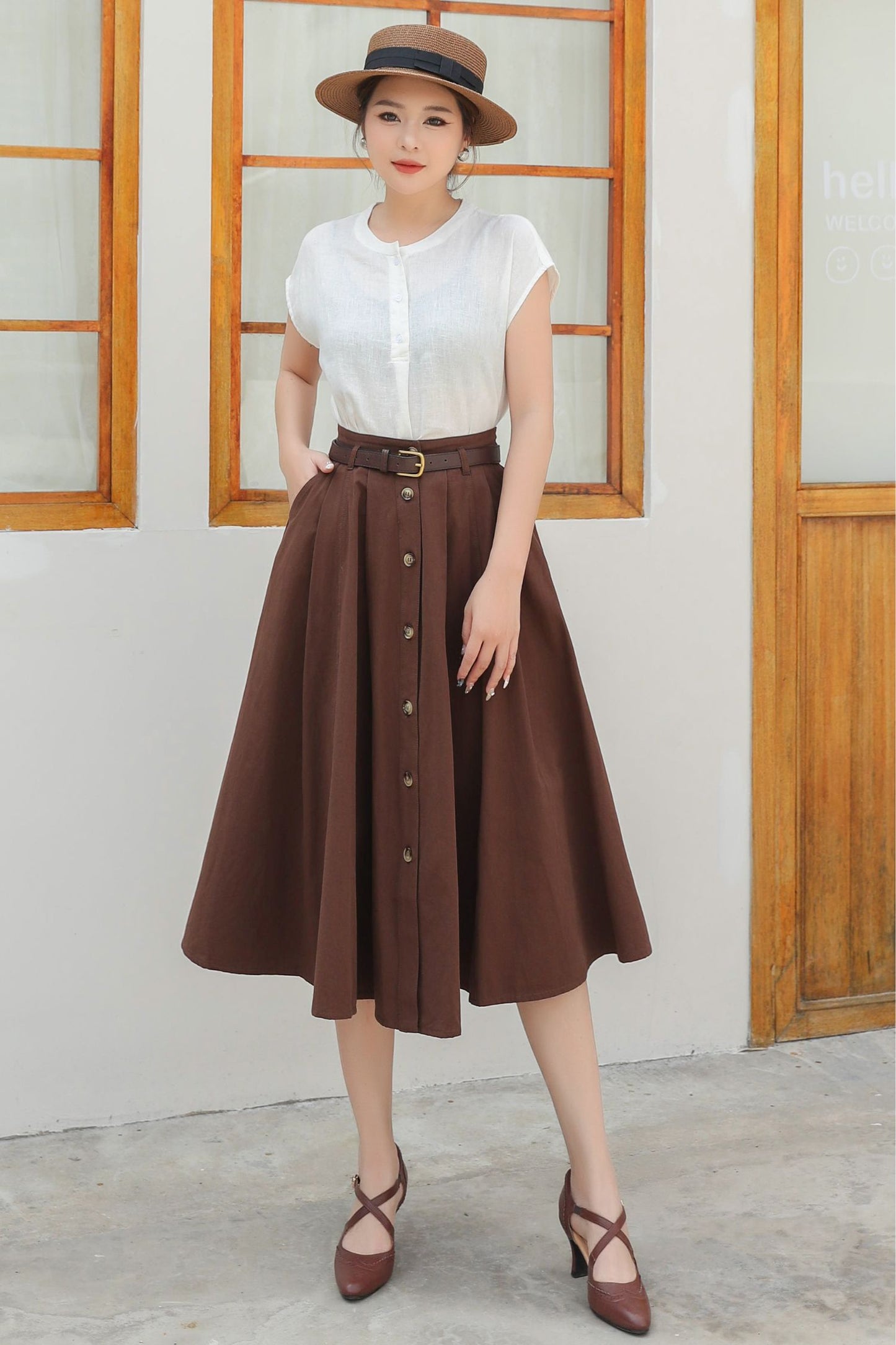 Button down midi Linen skirt c4834