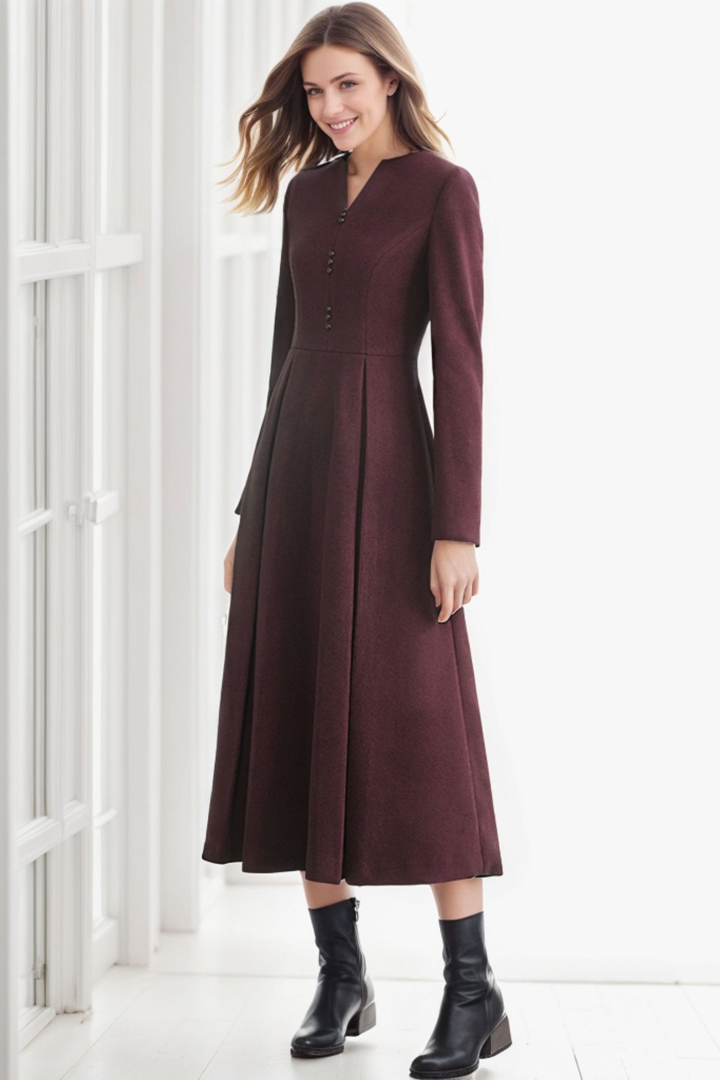 Autumn and winter women long sleeve wool dress C4300