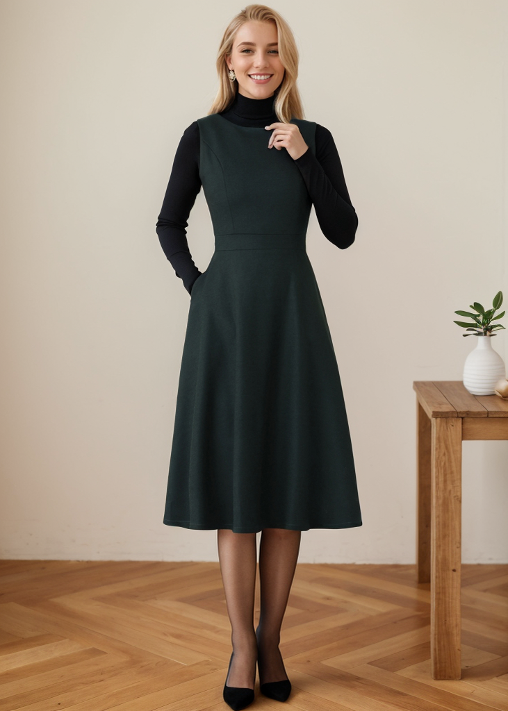 Swing Sleeveless Midi Pinafore Wool Dress C4360