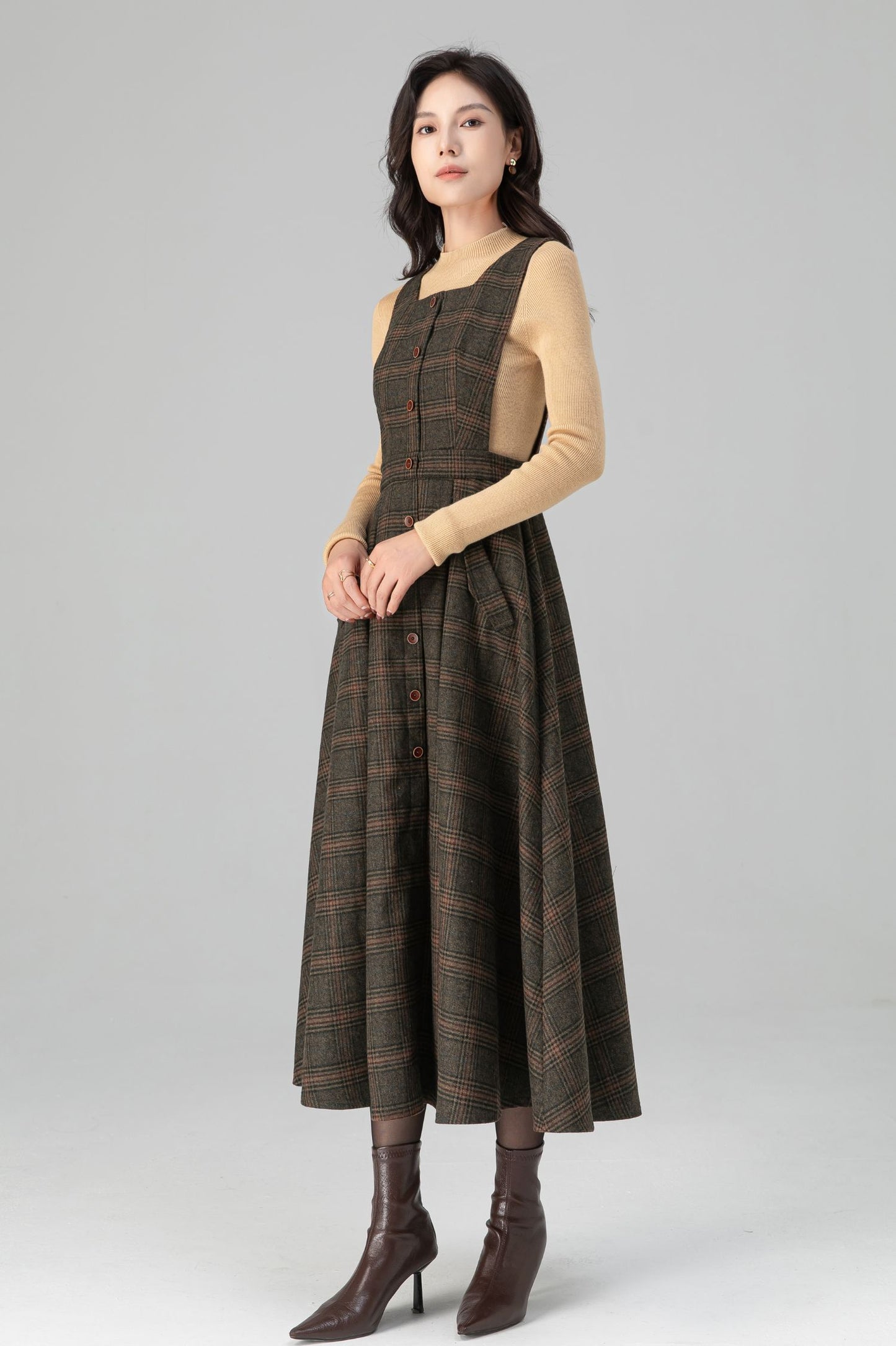 Classic Plaid A Line Apron Midi Wool Dress C5196