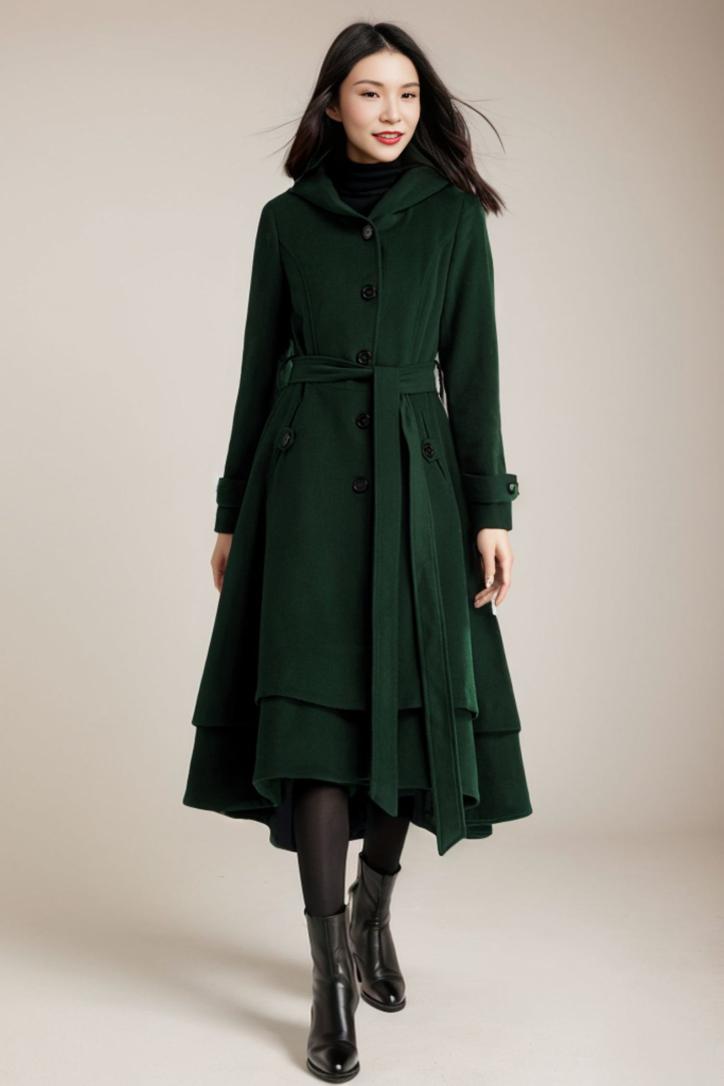 Winter Asymmetrical Green Hooded Wool Coat C4405