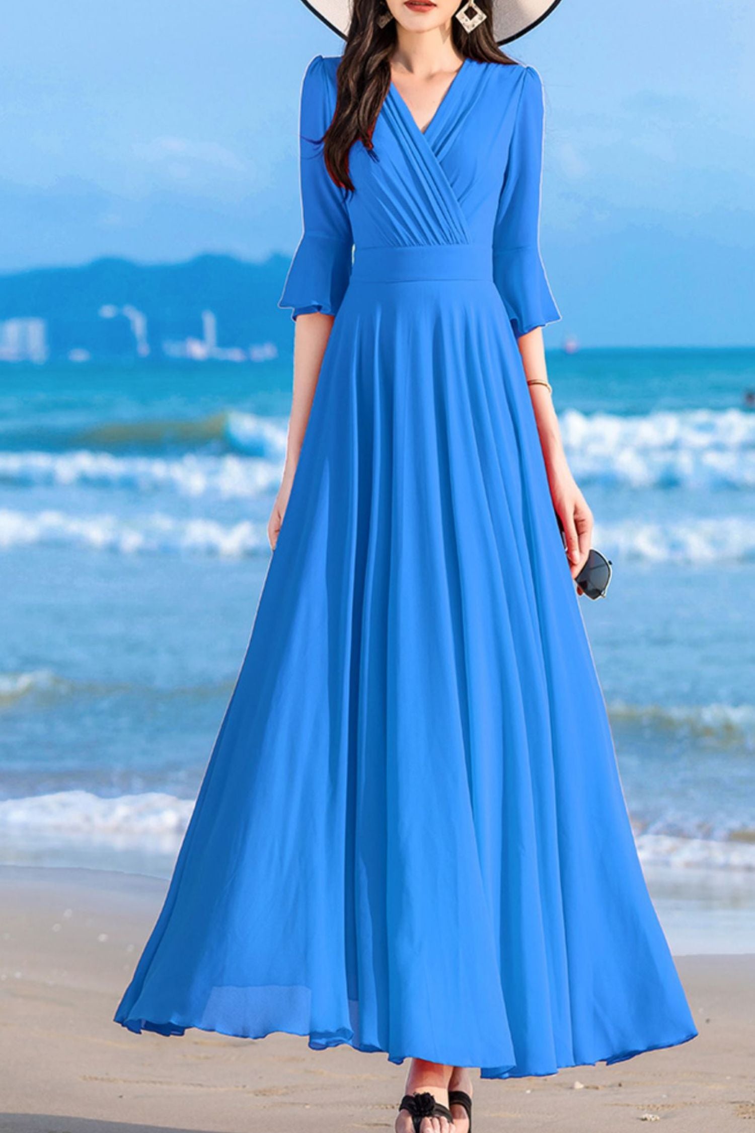 Light Blue Chiffon Maxi Dress with V Neck and Flowing Silhouette Red / S