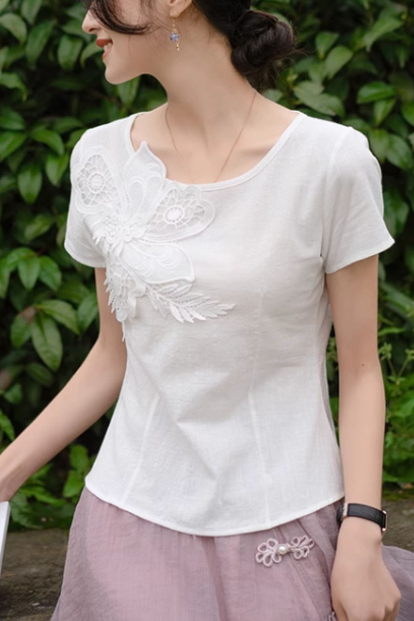 White prom linen top with flower C5049
