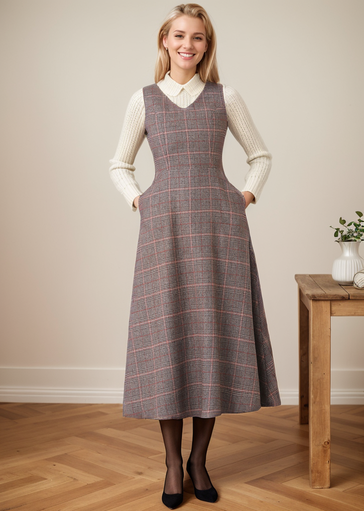 Autumn Winter Sleeveless Plaid Wool dress Women C4365