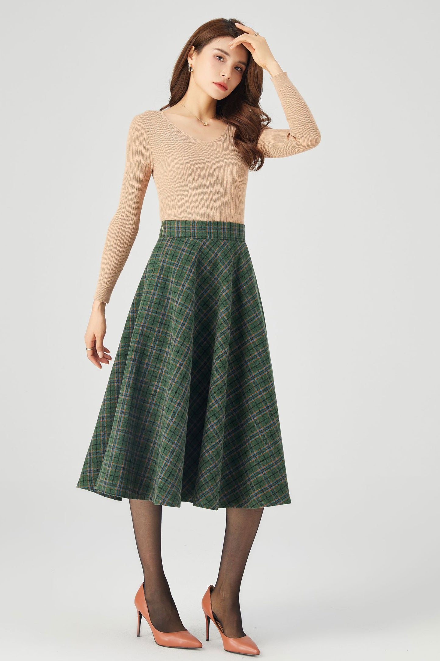 Winter Plaid Midi Wool Skirt C3686