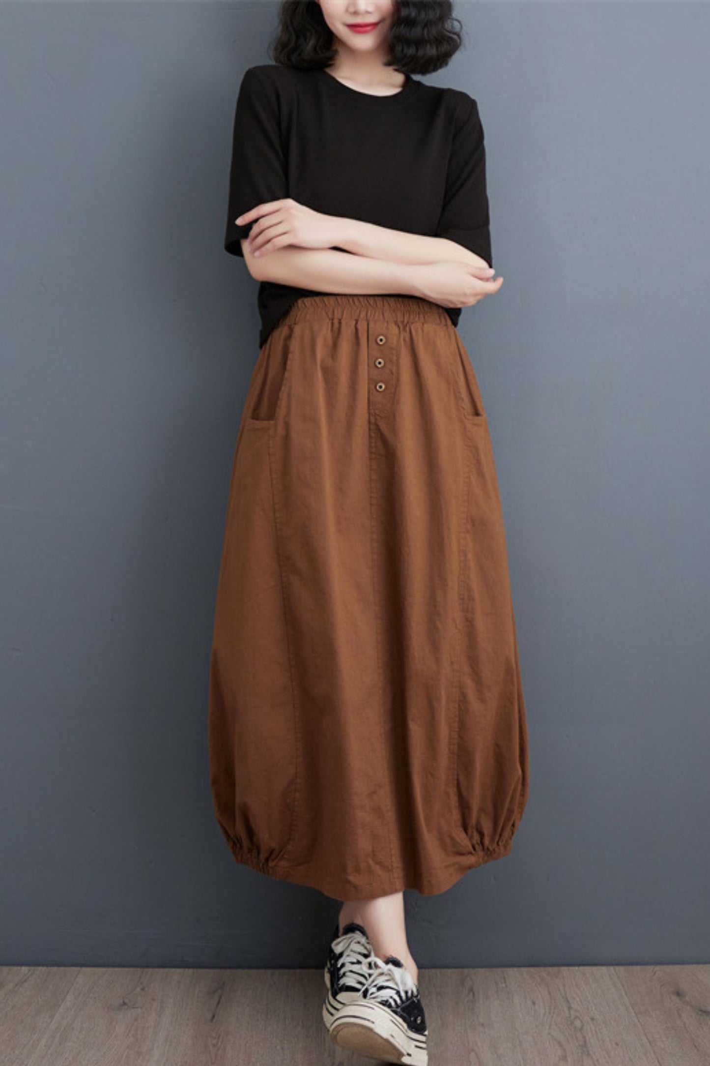 Cotton Linen Women Casual Elastic Waist A-line Skirt TT0020