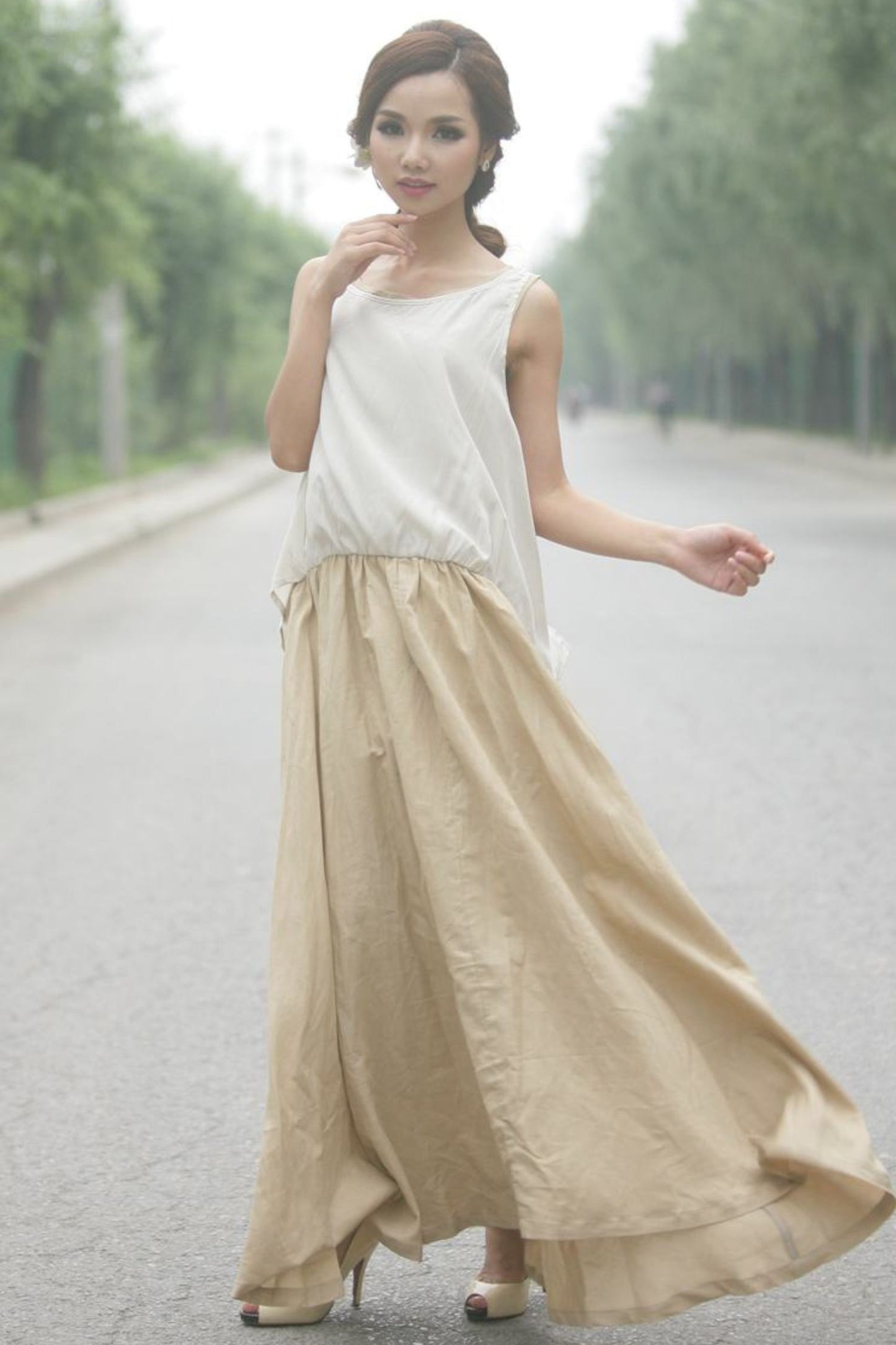 Summer casual linen sleeveless maxi dress C153