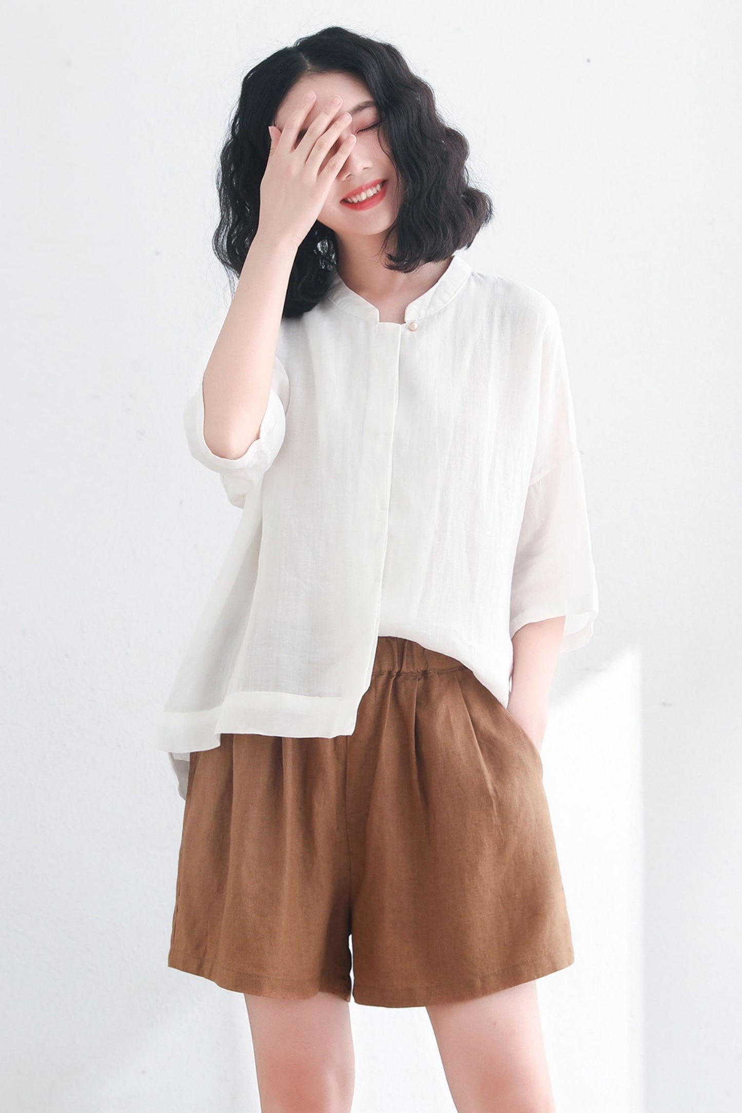 White linen tops women, Plus size linen tops  C2714