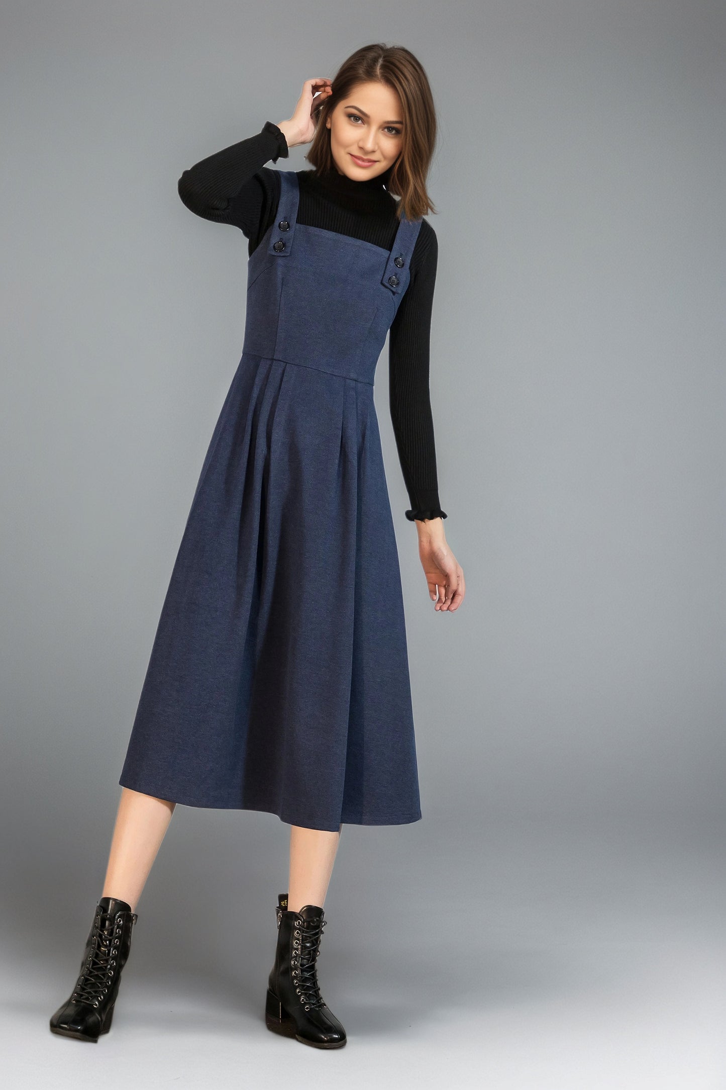 Blue Sleeveles Midi Wool Pinafore dress C5131