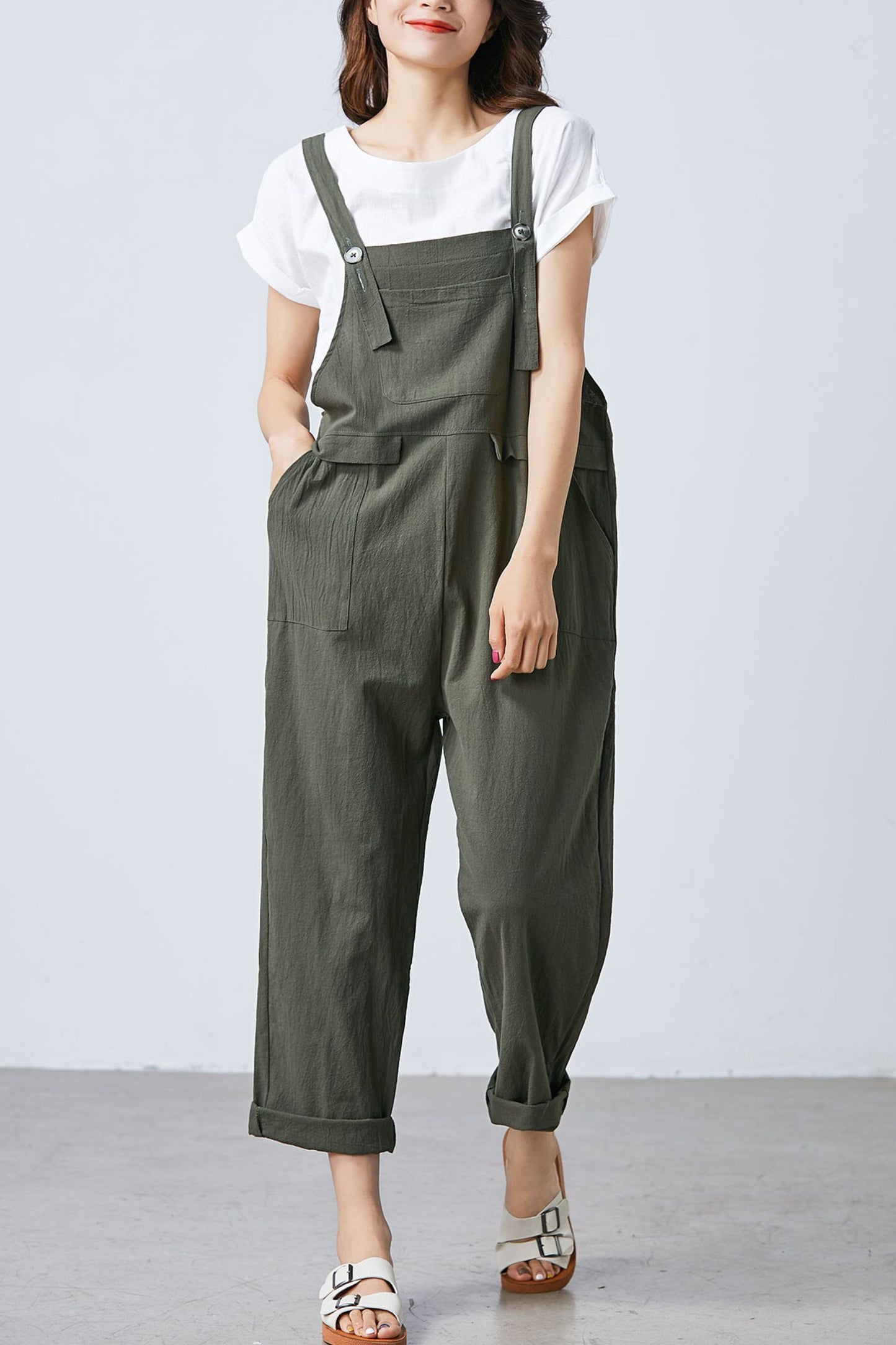 Summer green linen jumpsuit women C1697