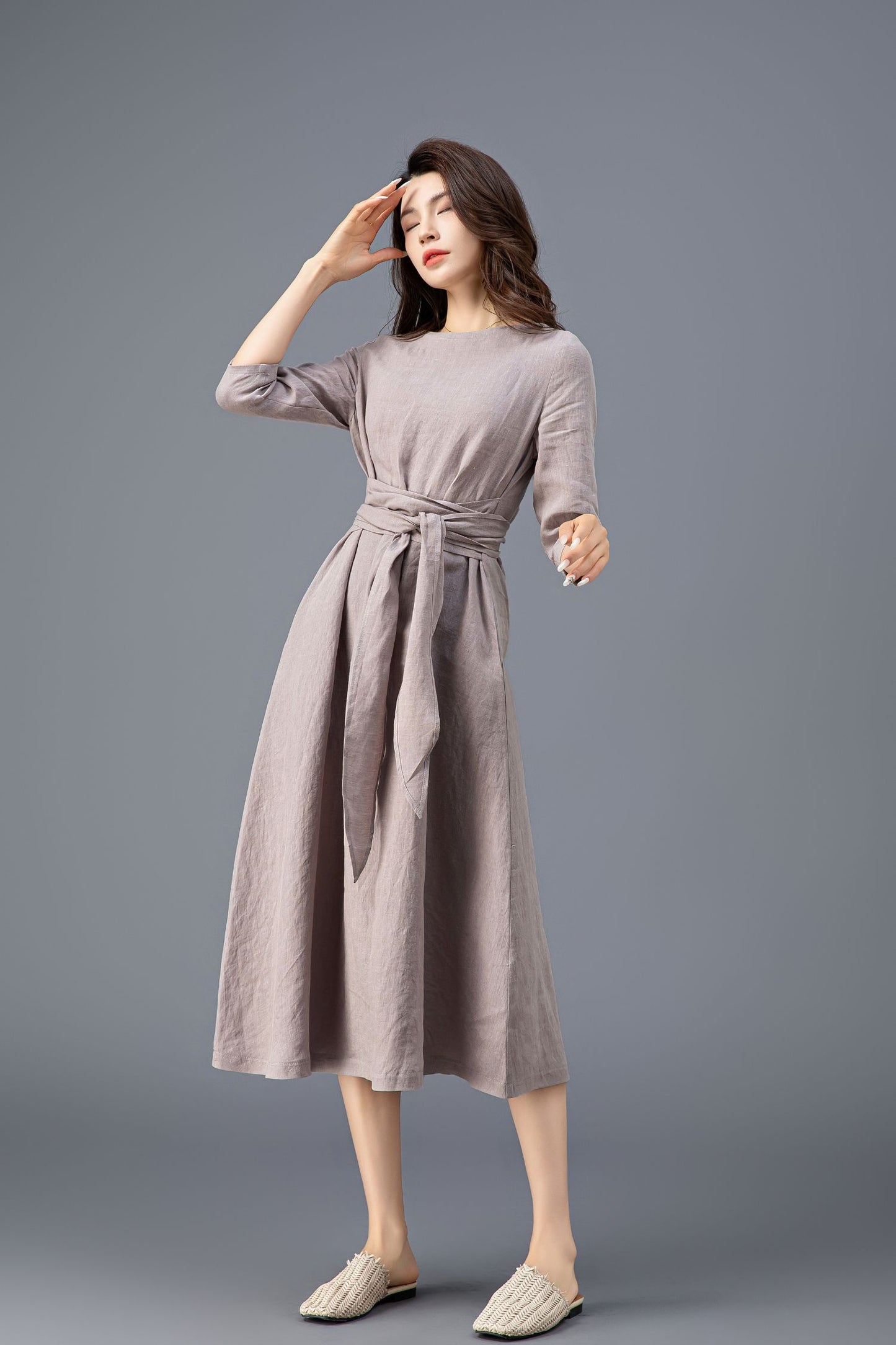 Women's Grey Linen belted Dress C3915