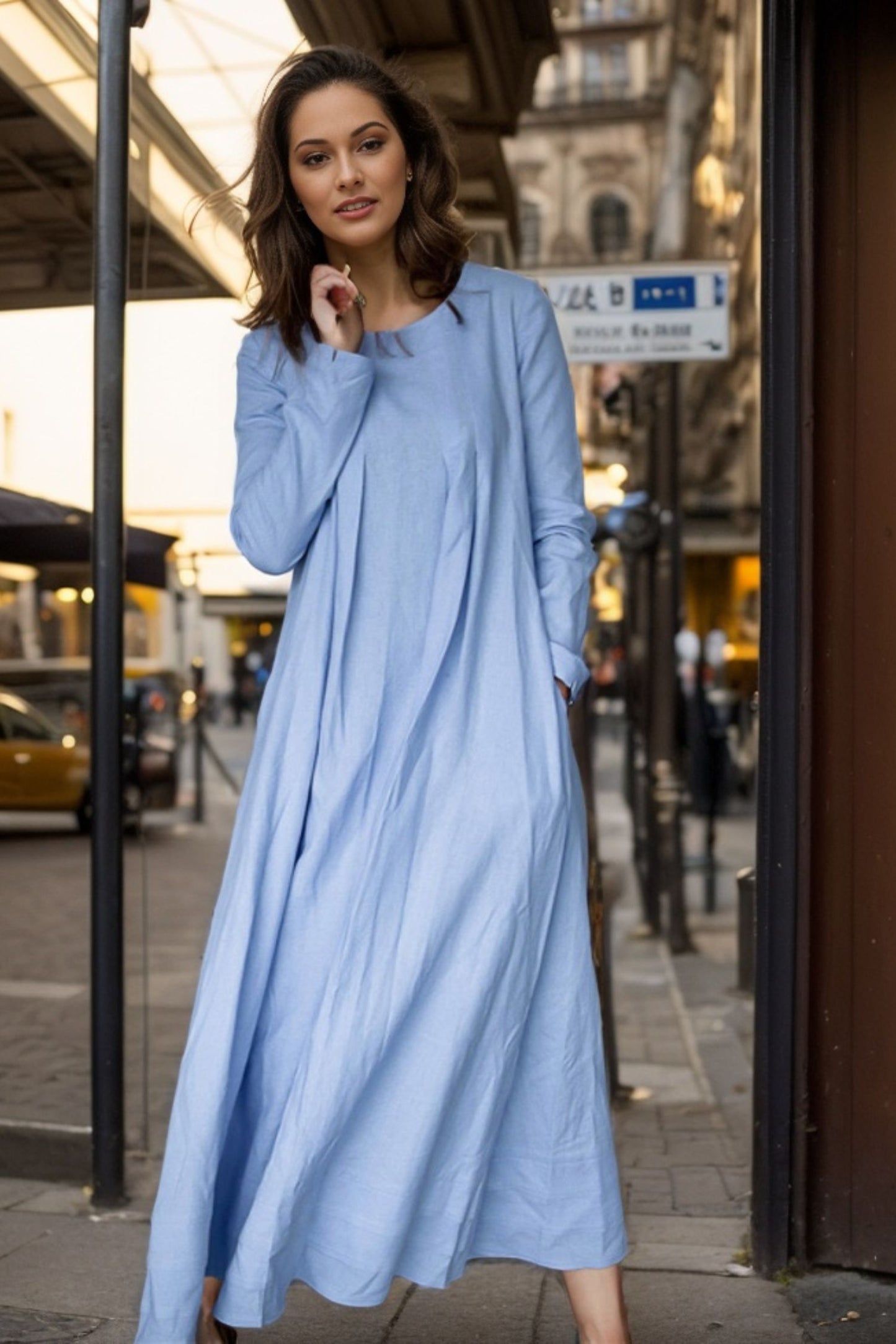 Blue Linen Dress - Semi-Fitted Long Midi Plus Size Long-Sleeved dress C4631