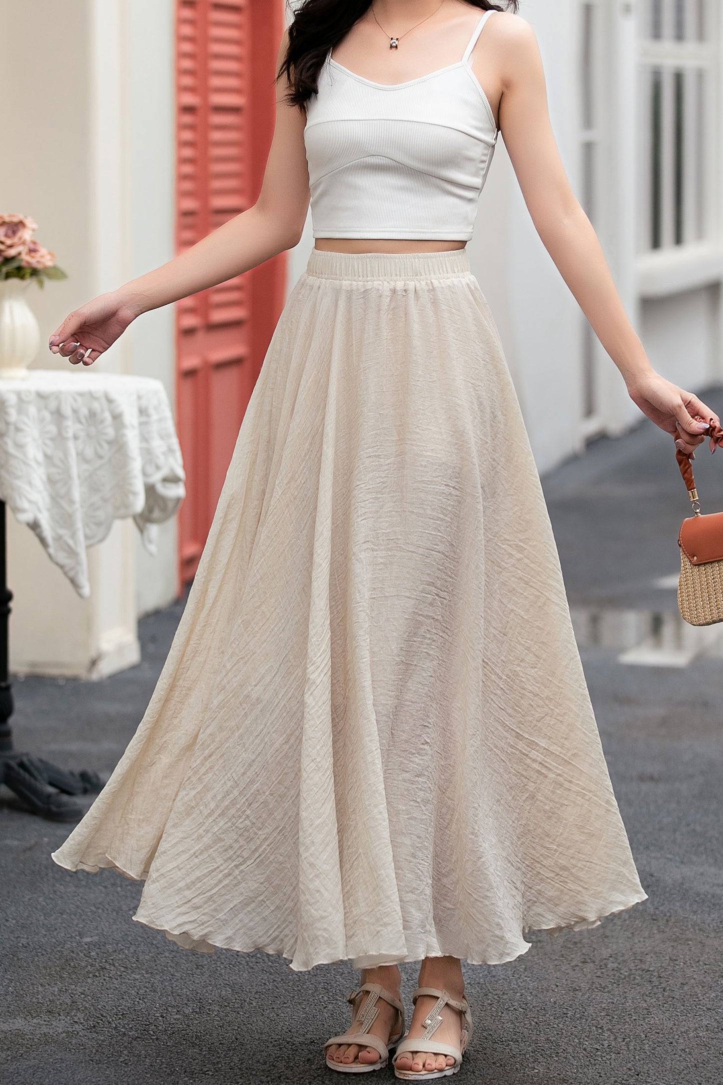 A line beige long linen skirt women C5033