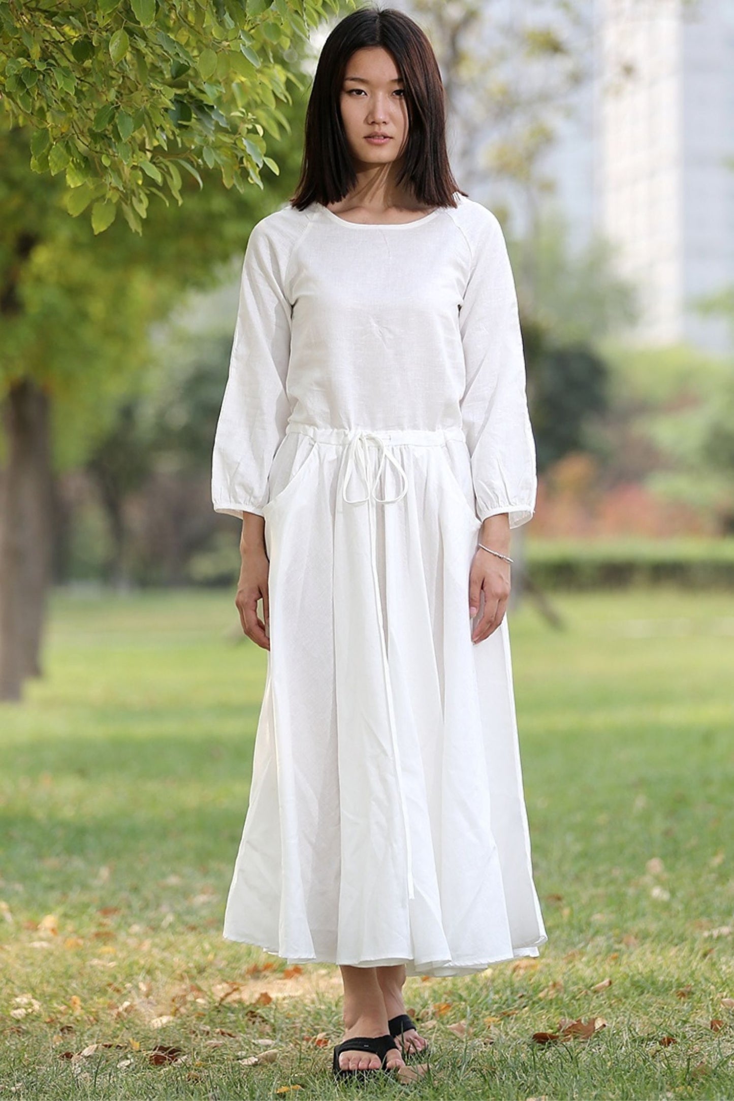 Drawstring Waist Long Sleeve White Dress C281