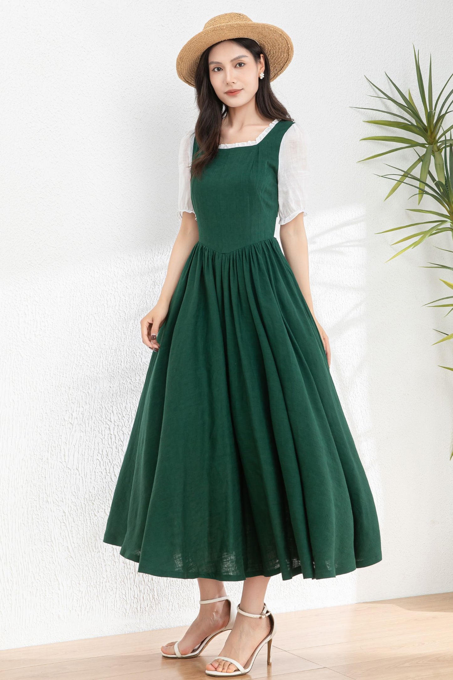 Womens dark green Linen midi Cottagecore Dress c4978