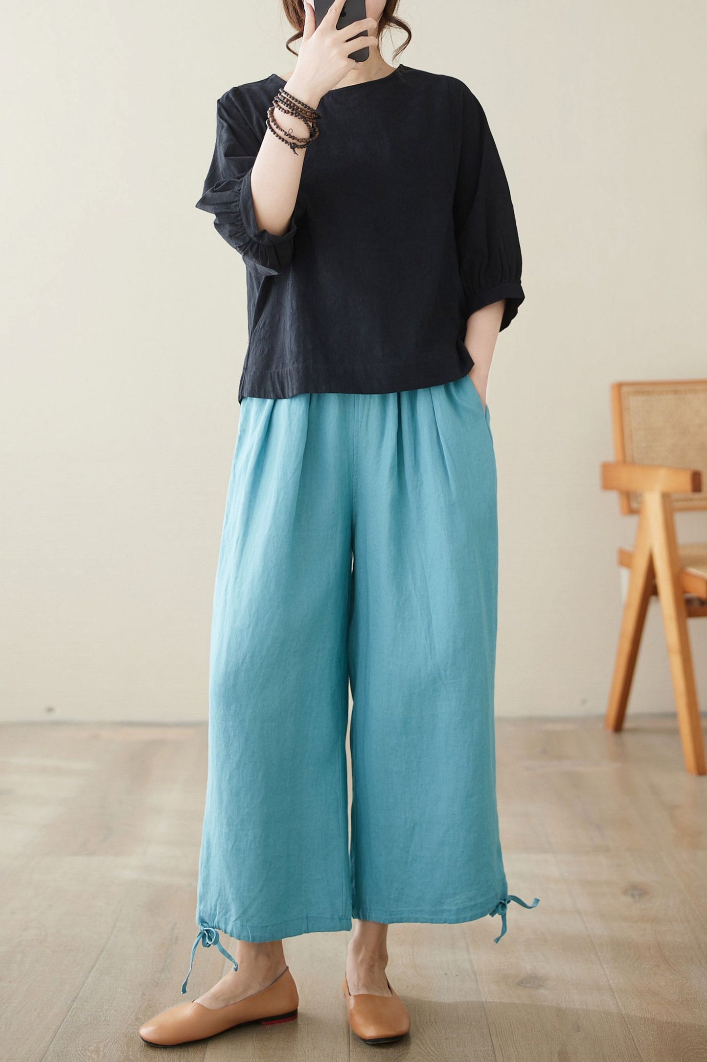 Blue elastic Waist casual linen pants C3965