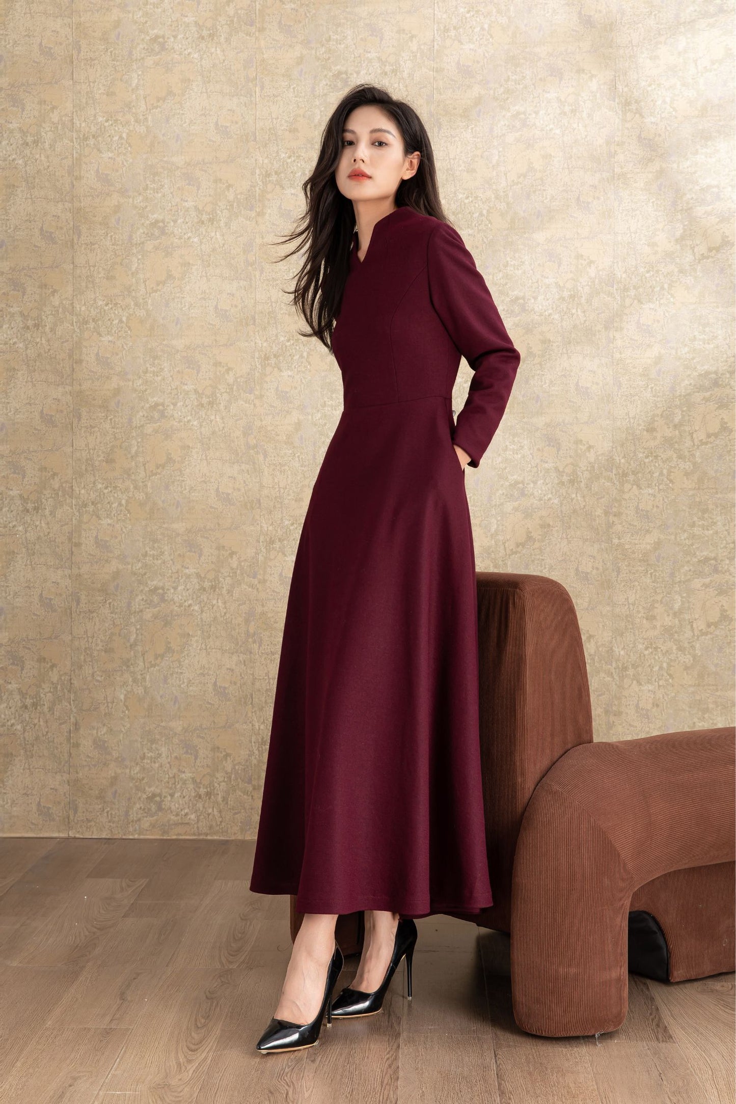 Burgundy winter long wool dress women C4463