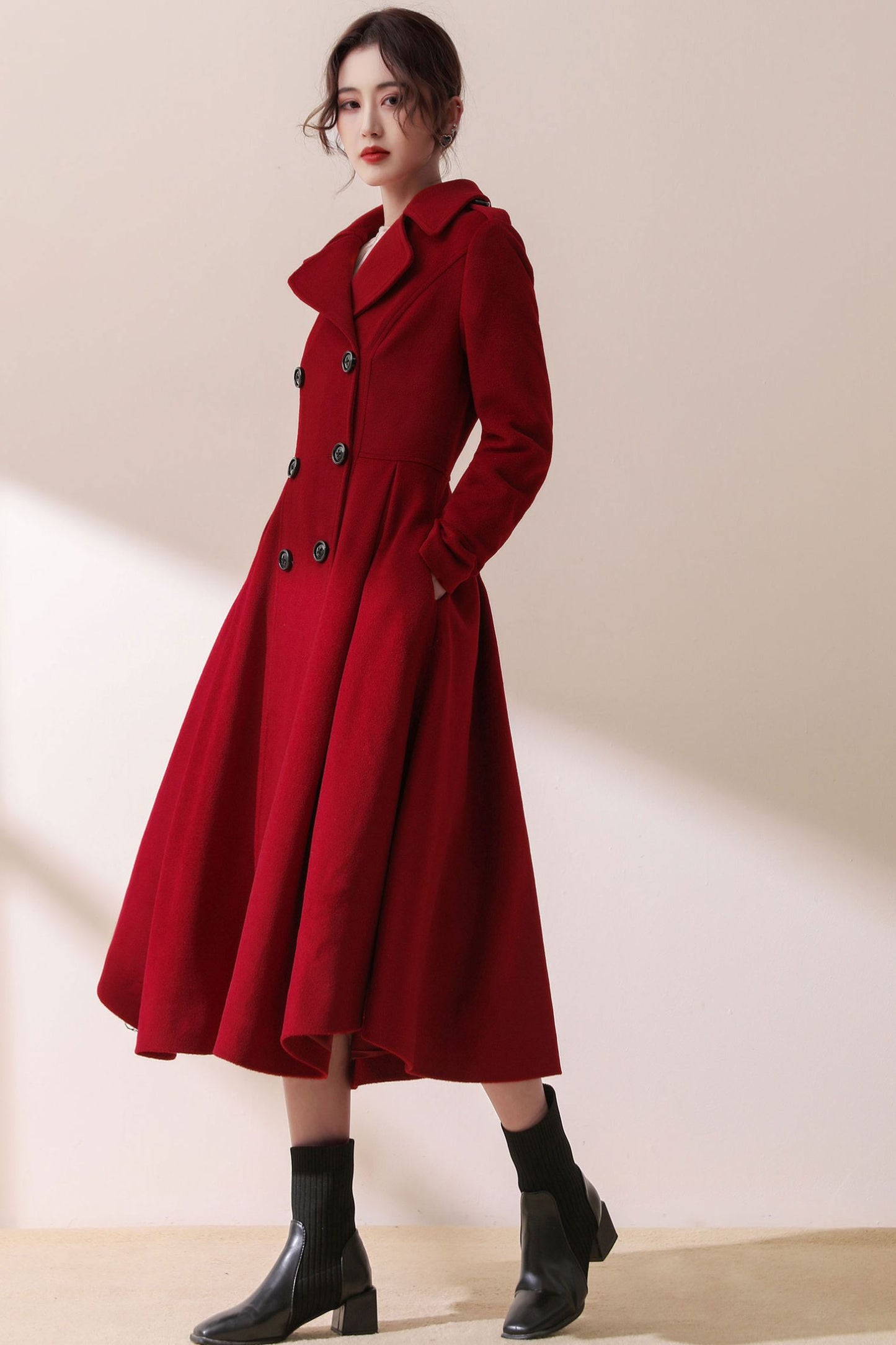 Burgundy Winter Swing Wool Coat C1792