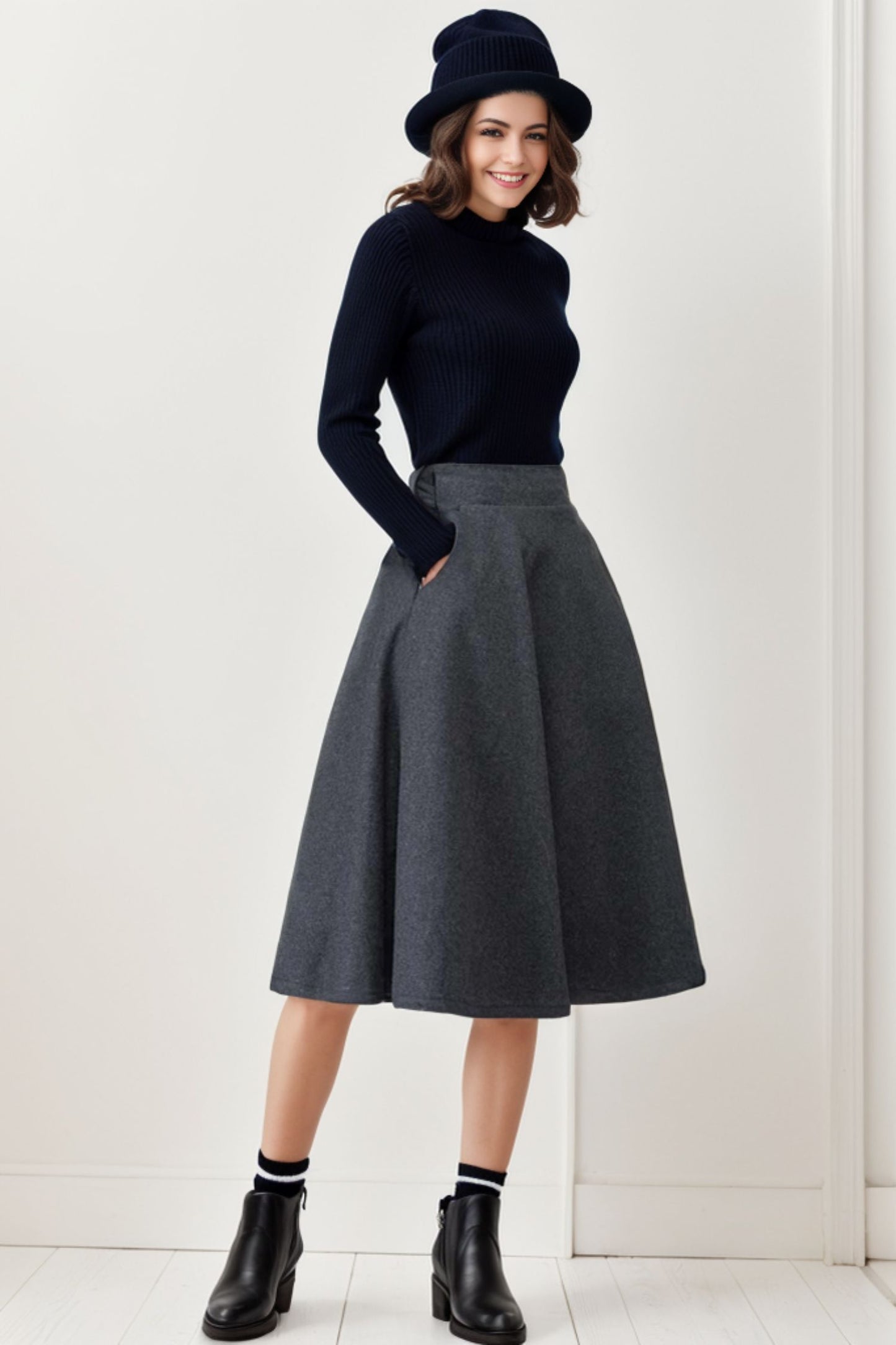 Wool midi flare swing A line elastic waist skirt C4262