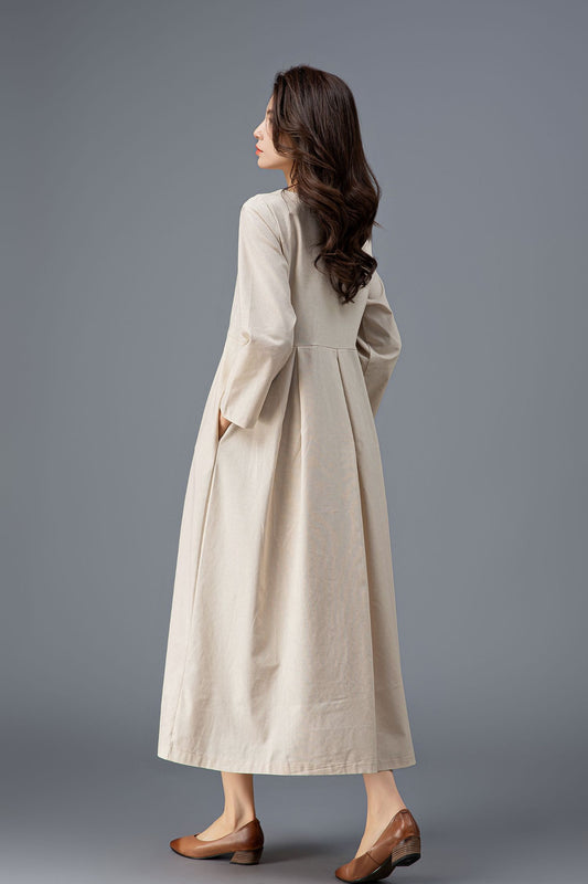 Beige Linen Midi Dress - Pleated High Waist with Pockets C3917