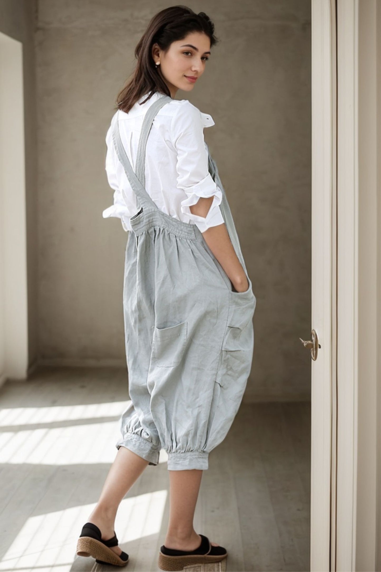 womens linen gray loose casual Wide leg jumpsuit C285