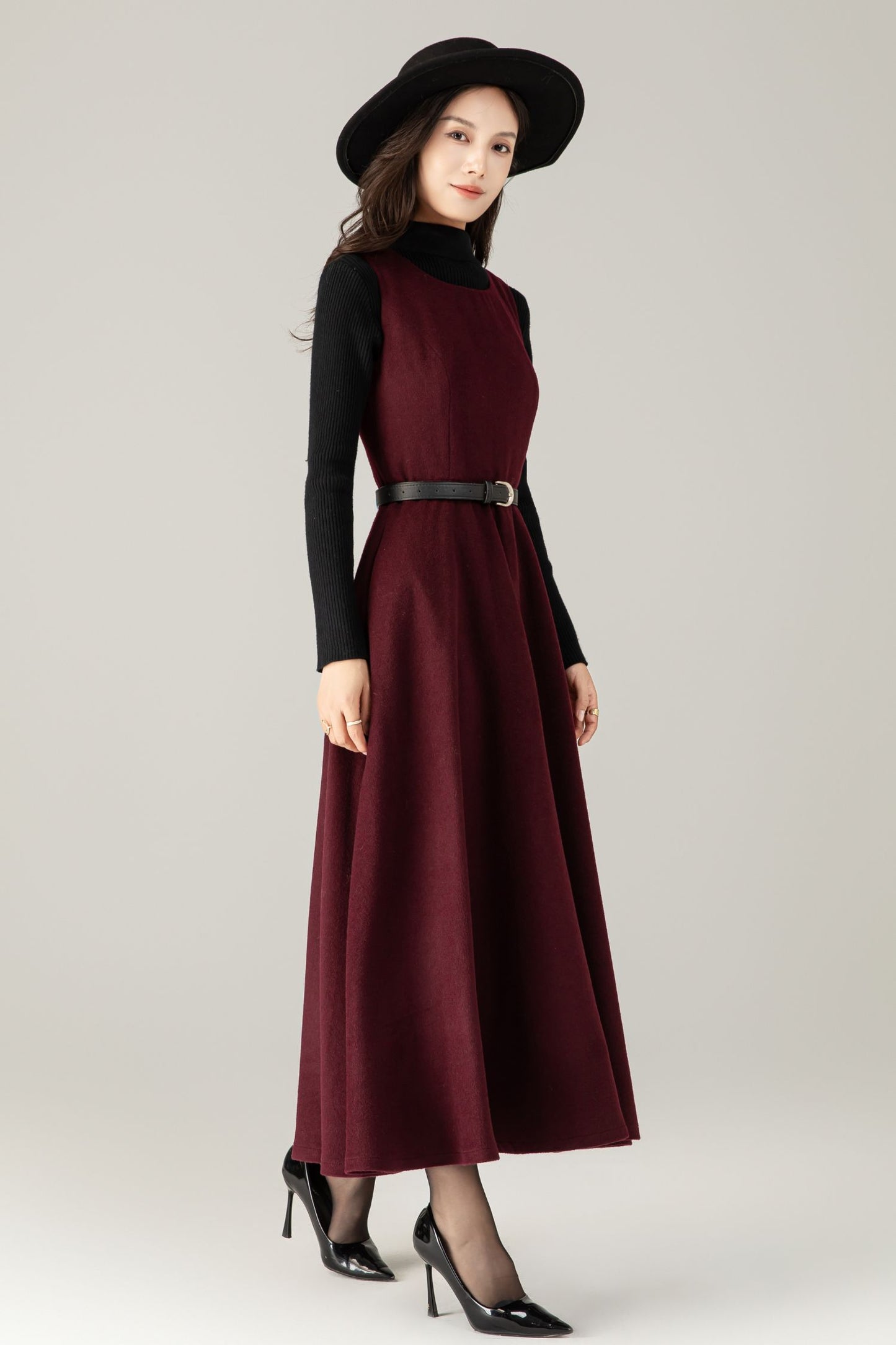 Burgundy Wool maxi Dress: Sleeveless A-Line Swing Jumper, Ylistyle C5239
