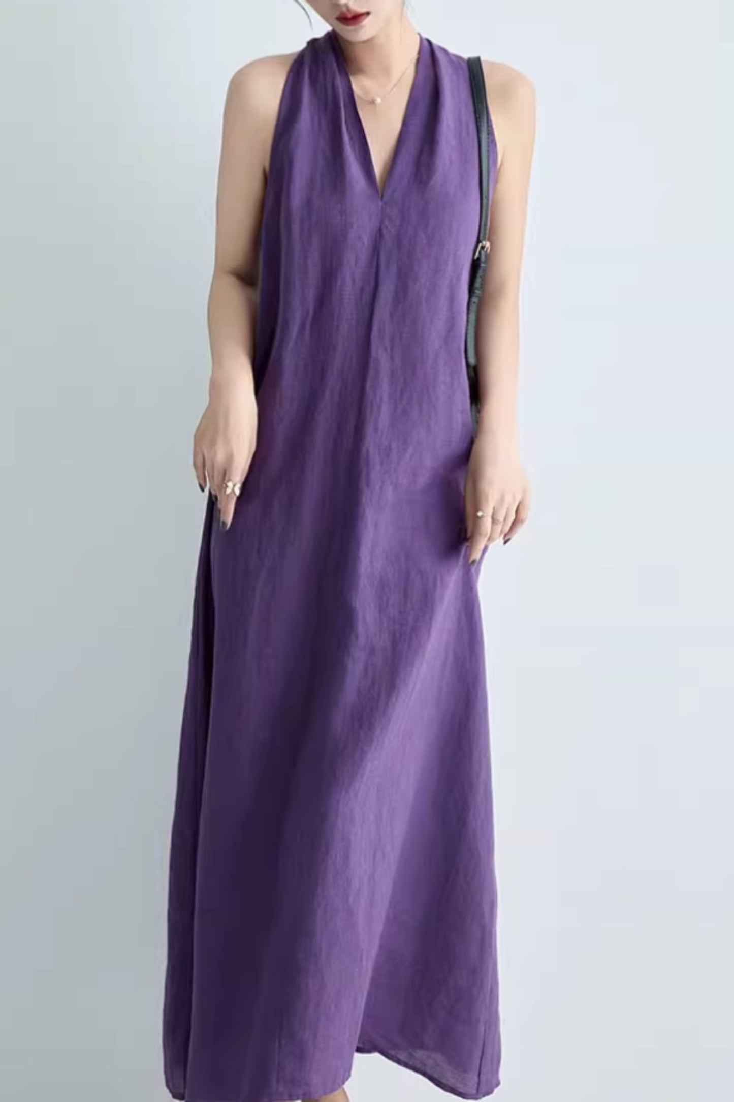 Purple loose fitting summer linen dress C5064