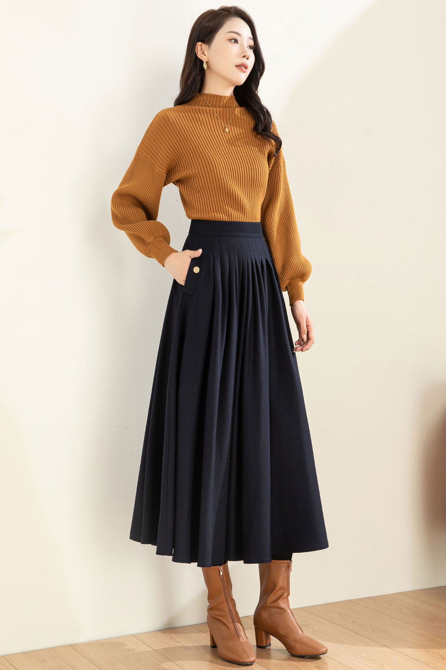 Navy Blue Wool Midi Skirt C3603