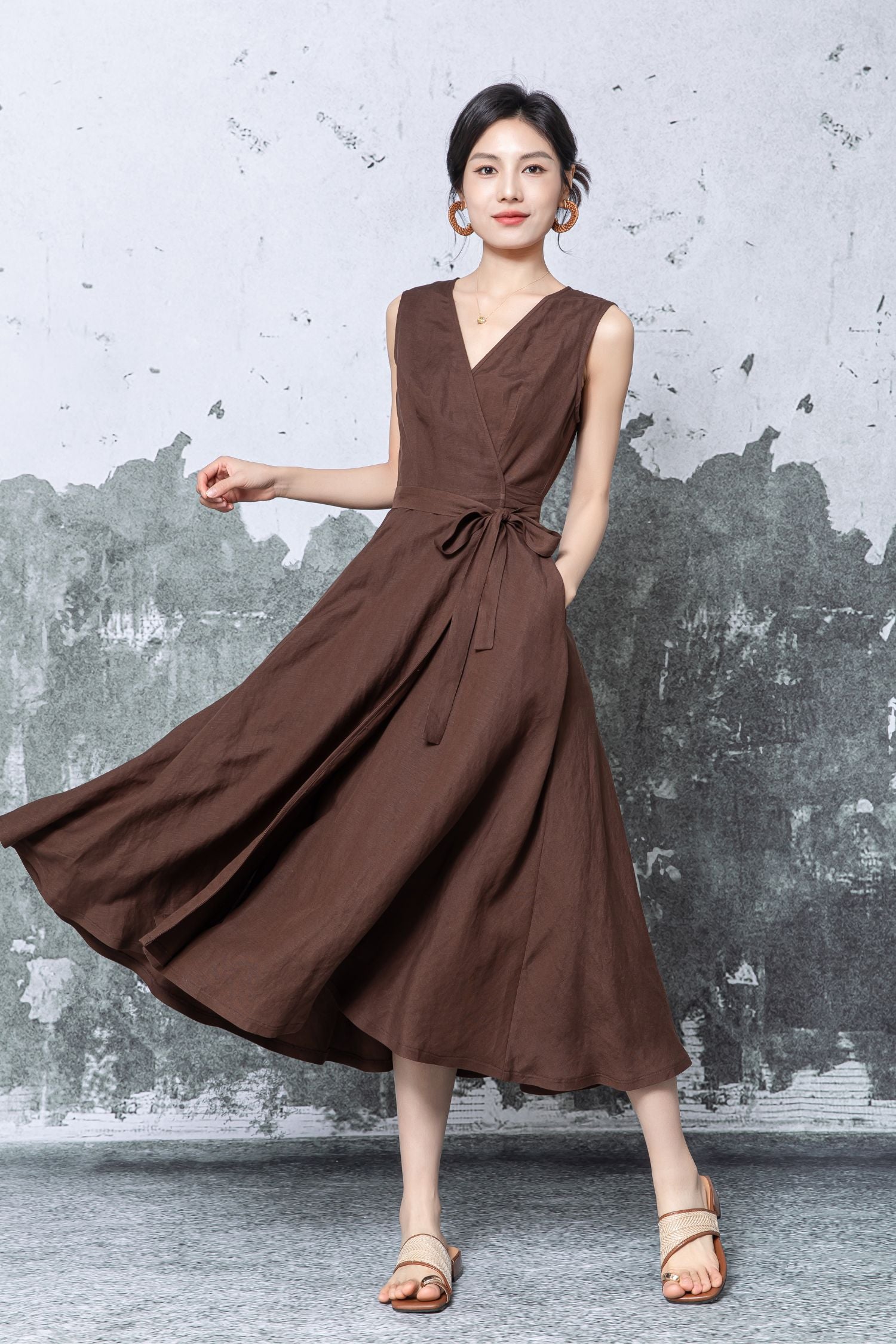 Brown Linen Wrap Midi Dress with Sleeveless V-Neck and Tie Waist Brown / S