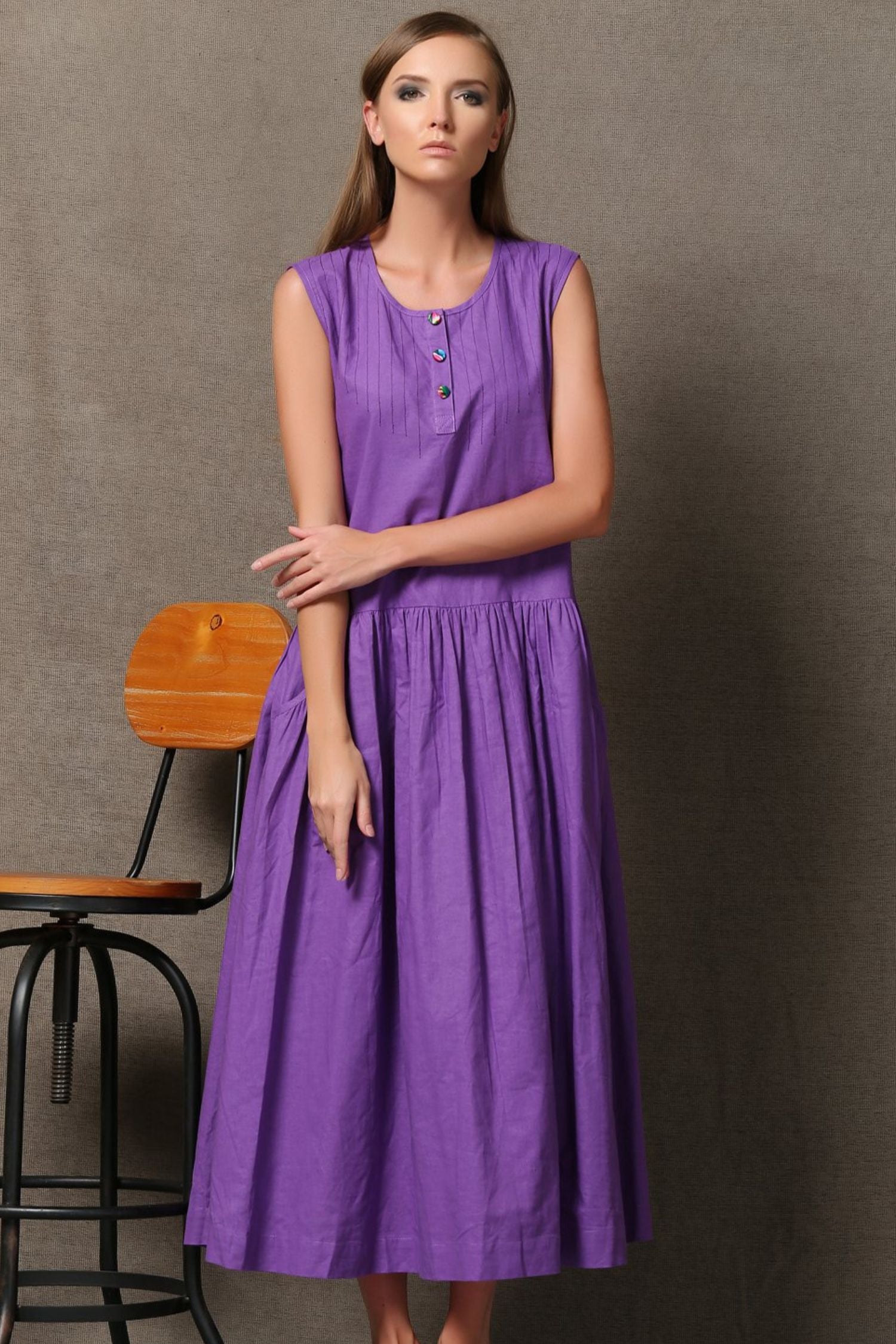 Purple Linen Dress - Loose-Fitting Fit and Flare Sleeveless Womens Dress with Pockets C541 Purple / Custom size Purple Linen Dress - Loose-Fitting Fit and Flare Sleeveless Womens Dress with Pockets C541 Purple / Custom size