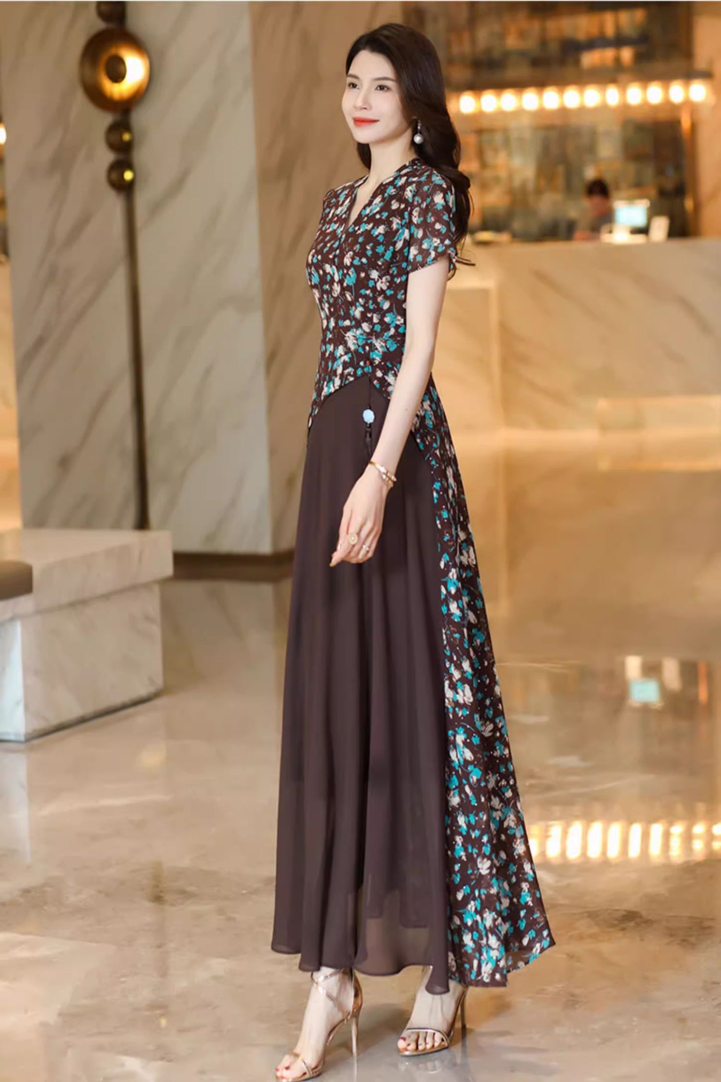 Prom block color party chiffon dress C4919