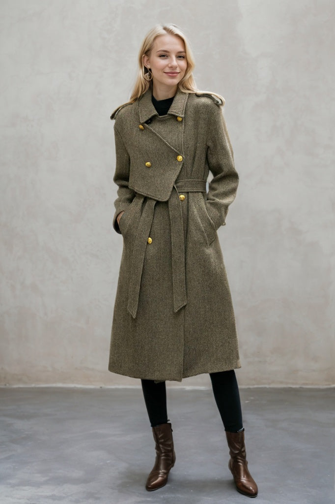 Asymmetrical double breasted long trench wool coat C4498