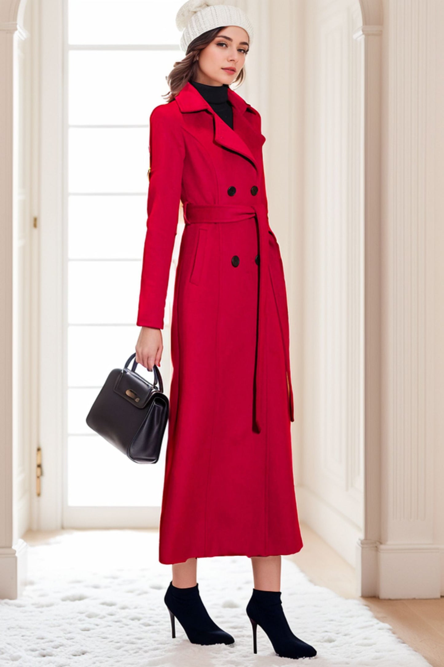 Red Wool trench Double breasted wool midi coat C4073