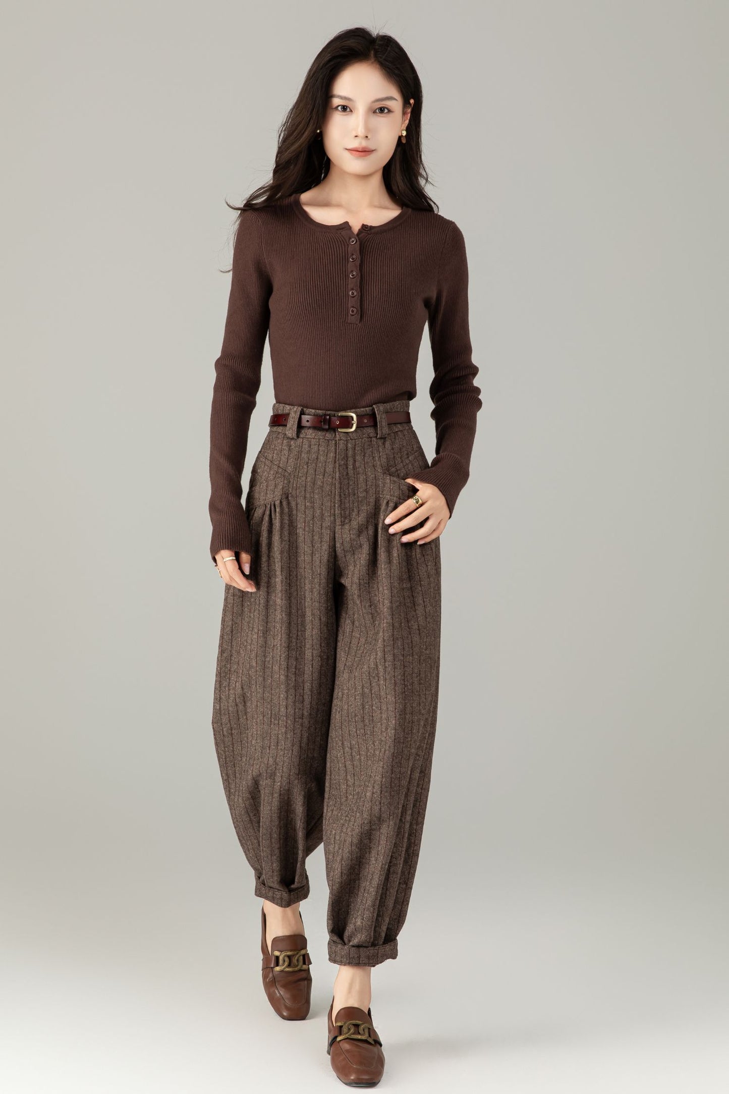 Brown Wool Striped Trousers - Classic Fit & Comfort | Winter Smart Casual Pants C5244