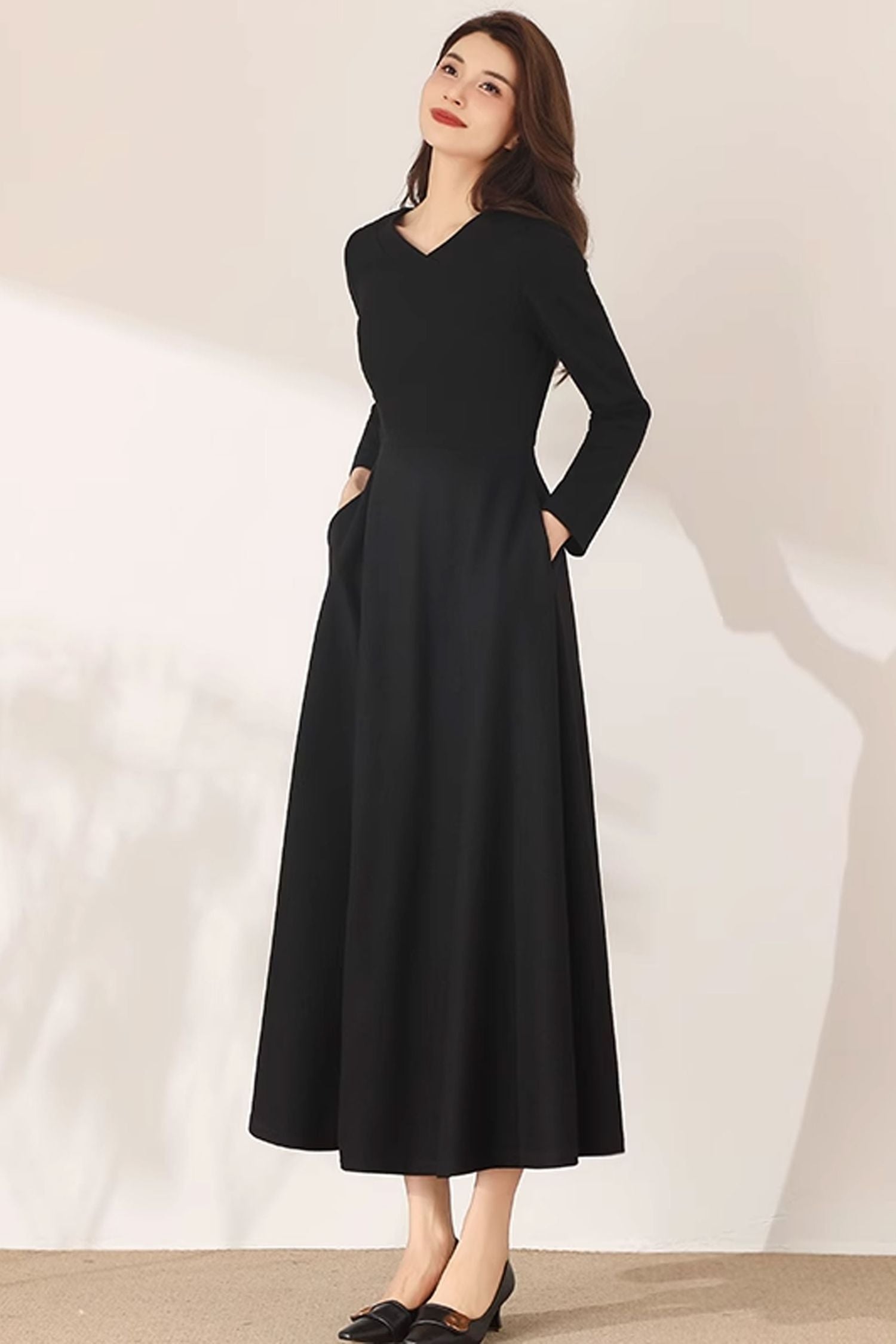 fit and flare dress winter Black Wool Midi Dress with Fit and Flare Silhouette for Elegant Winter Style YLISTYLE