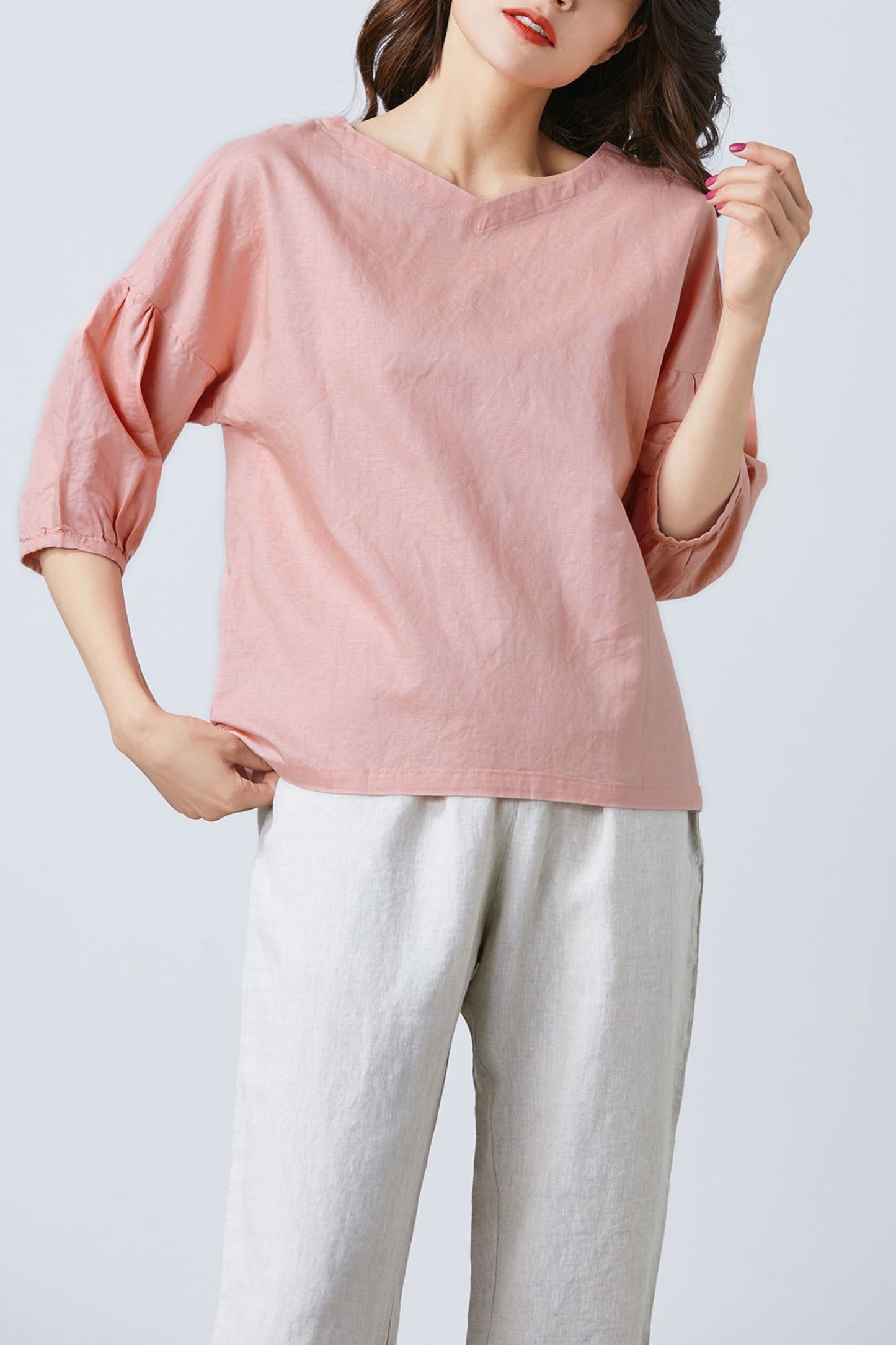 Women Leisure Linen Tops Summer V Neck Blouse C1682